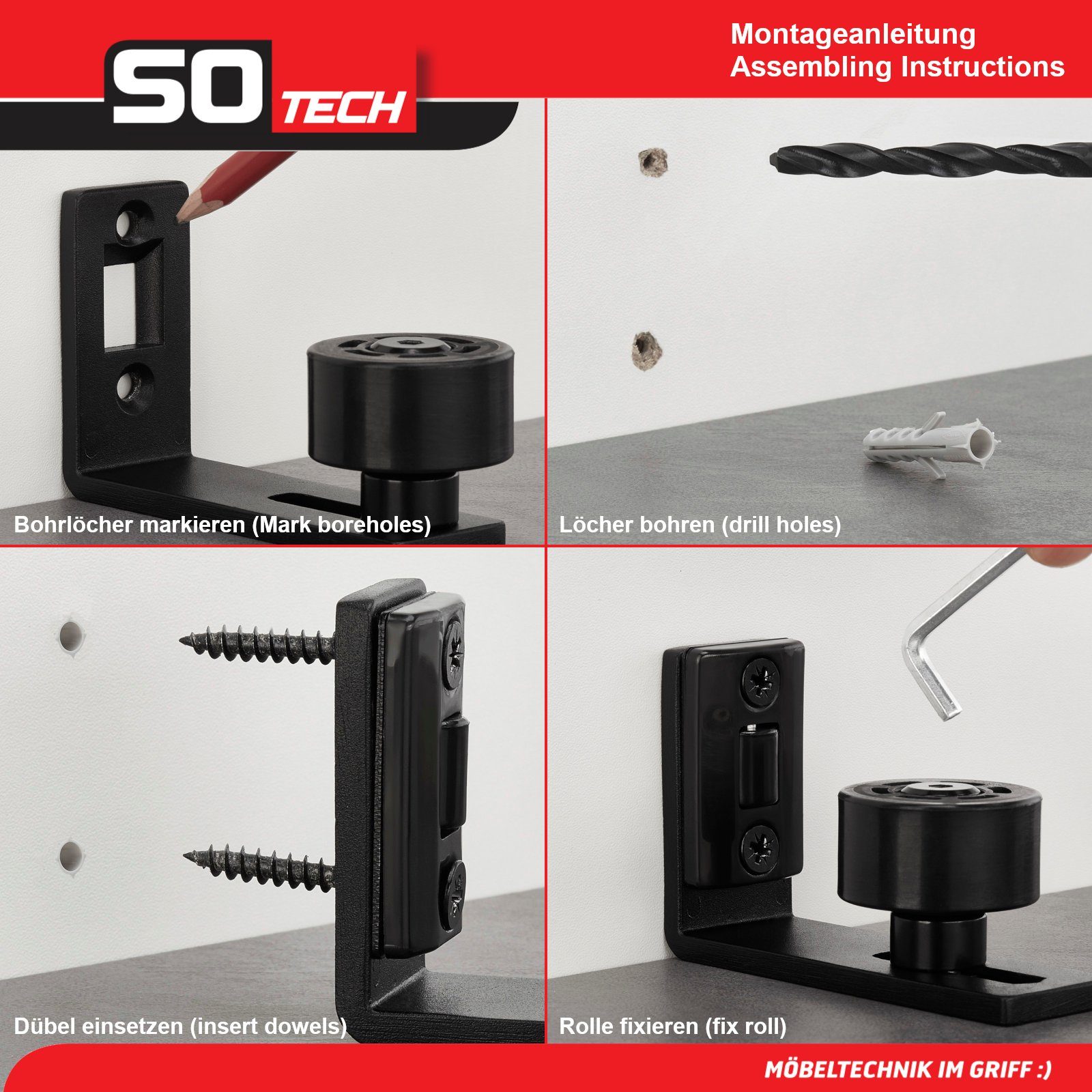 SO-TECH® Schienensystem Schiebetür-Bodenführung, einstellbare Bodenführung, Wandmontage, Rollenführung für Türdicke 17 bis 49 mm – Bild 5 von 5