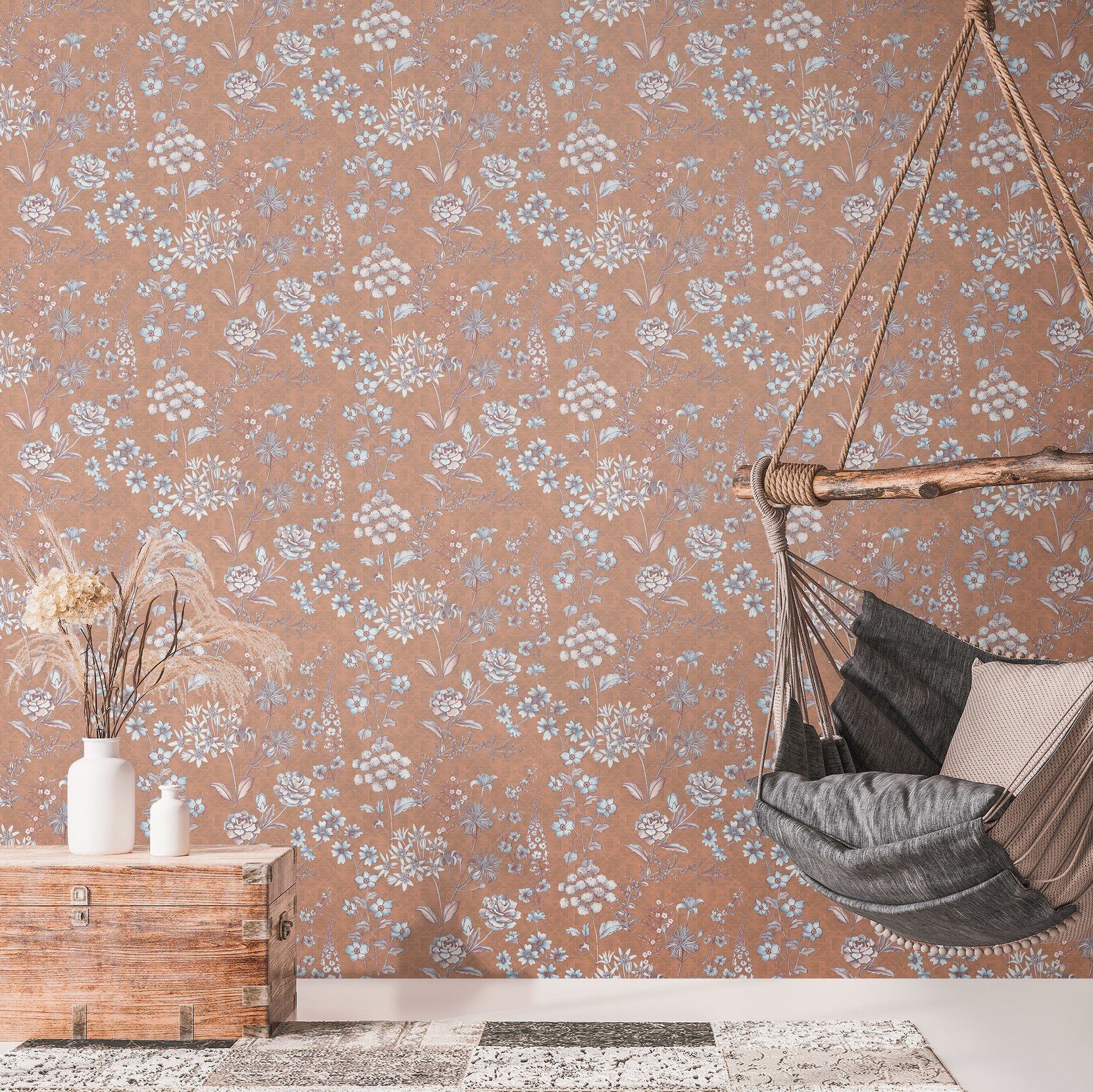 Styles. strukturiert, living Skandinavisch (1 St), Floral Travel Orange,Braun,Hellblau walls Metropolitan Tapete leicht Vliestapete Stories. Skandi-Stil Blumentapete, matt,