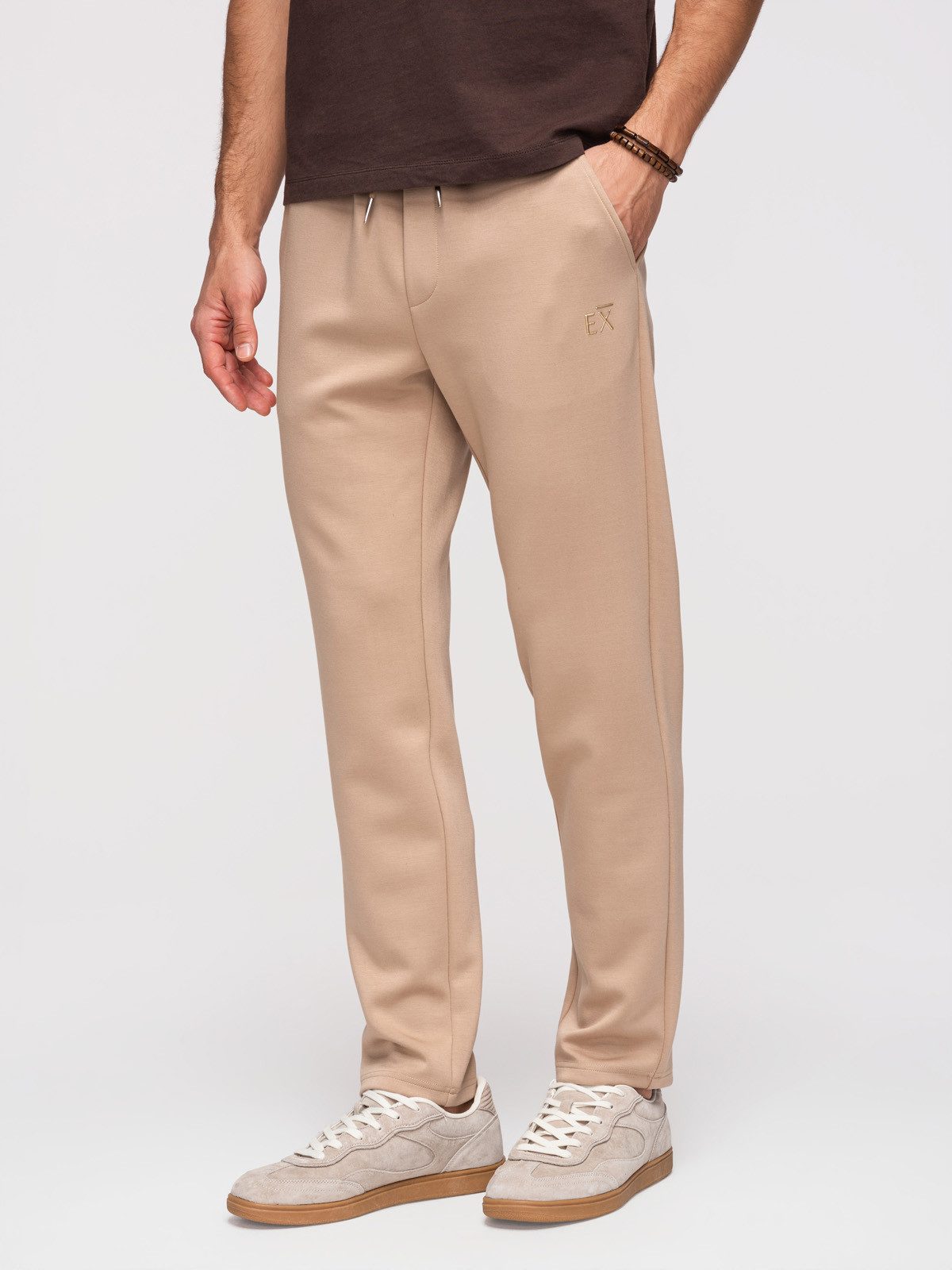 OMBRE Sweathose Herren Sweathose Regular Fit Jersey Beige S (kein Set, 1-tlg) Brandmarken-Details – Bild 5 von 5