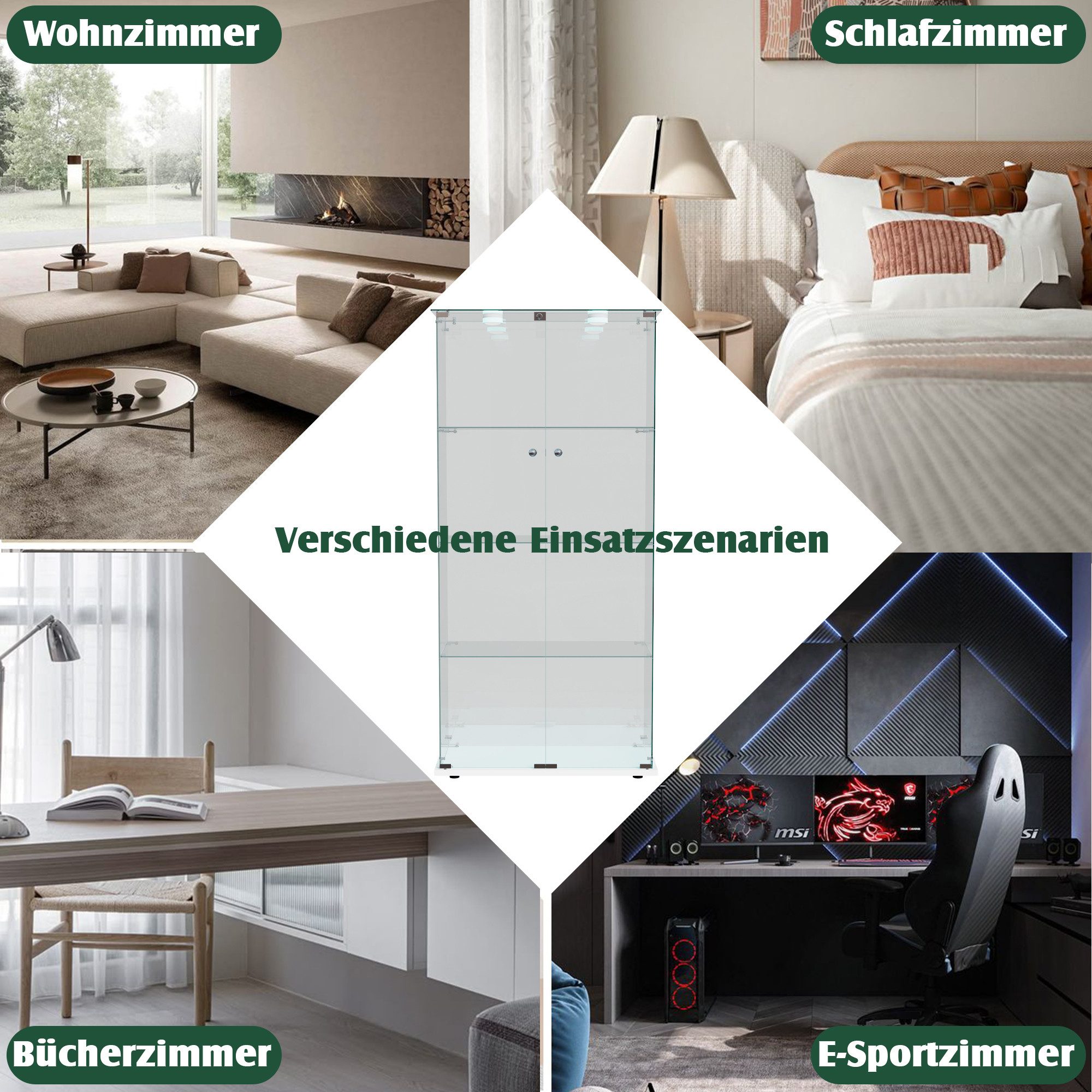 Simurq Glasvitrine Standvitrine aus gehärtetes Glas,Vitrinenschrank Glas mit beleuchtung (Standvitrinen mit 2 Glastür und 4 Lagen,Glasschrank mit Schloss) Sammlervitrine mit Kippsicherung,Modernes rahmenloses Design