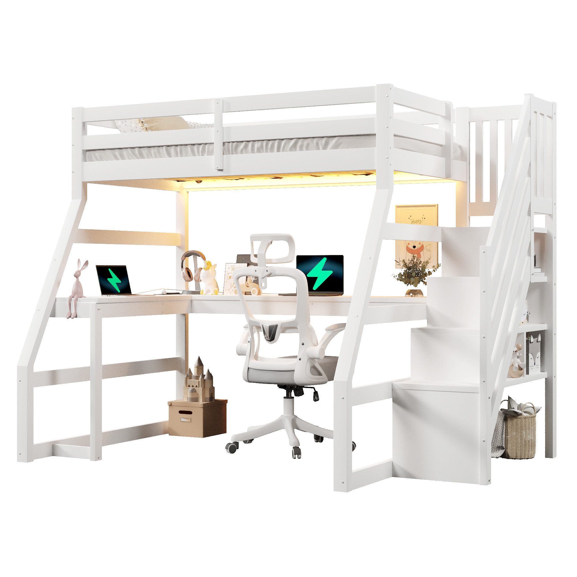 MODFU Hochbett Kinderbett Jugendbett (LED-Beleuchtung, USB-Anschluss und Treppe mit Stauraum, Weiß, 1-St., 254 x 145 x 170)