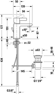 Duravit Waschtischarmatur D-Neo Waschtischmischer, Größe S, mit Zugstangen-Ablaufgarnitur mit AquaControl und AirPlus, Ausladung 9,4 cm, Chrom