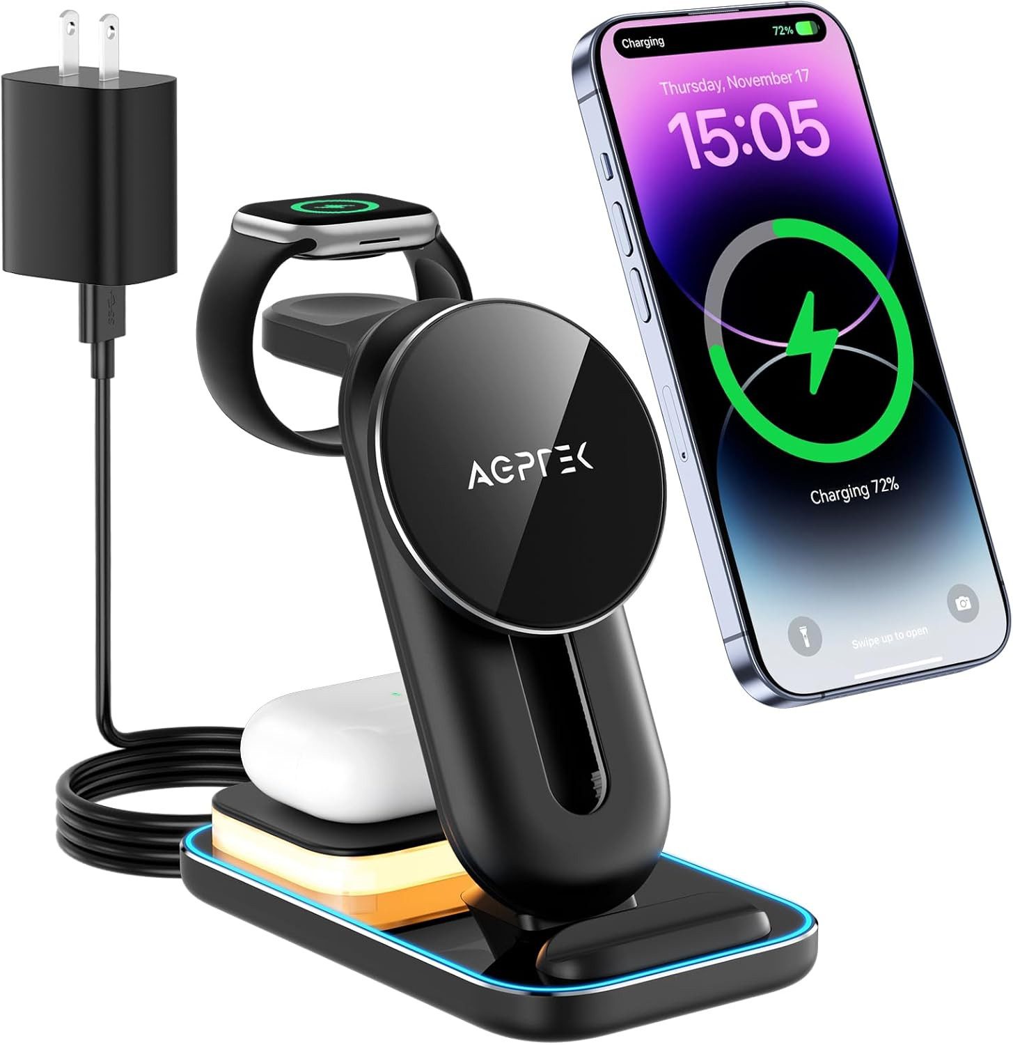 AGPTEK Ladegerät 4-in-1 Wireless Magsafe Nachtlicht iPhone iWatch AirPods Wireless Charger (4-in-1 Wireless Ladeset mit Schnellladegerät & Nachtlichtfunktion, Komplettset mit 4-in-1 Wireless Charger, 18W Netzteil & USB-C Kabel, 4-in-1 Schnellladen Smartph