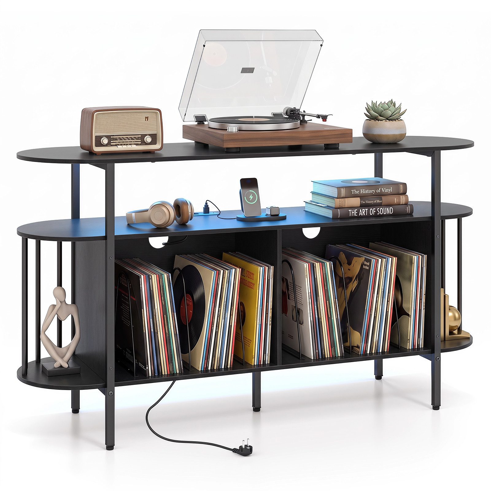 COSTWAY Sideboard Plattenspieler Regal mit Steckdose & LED, Plattenspieler-Ständer