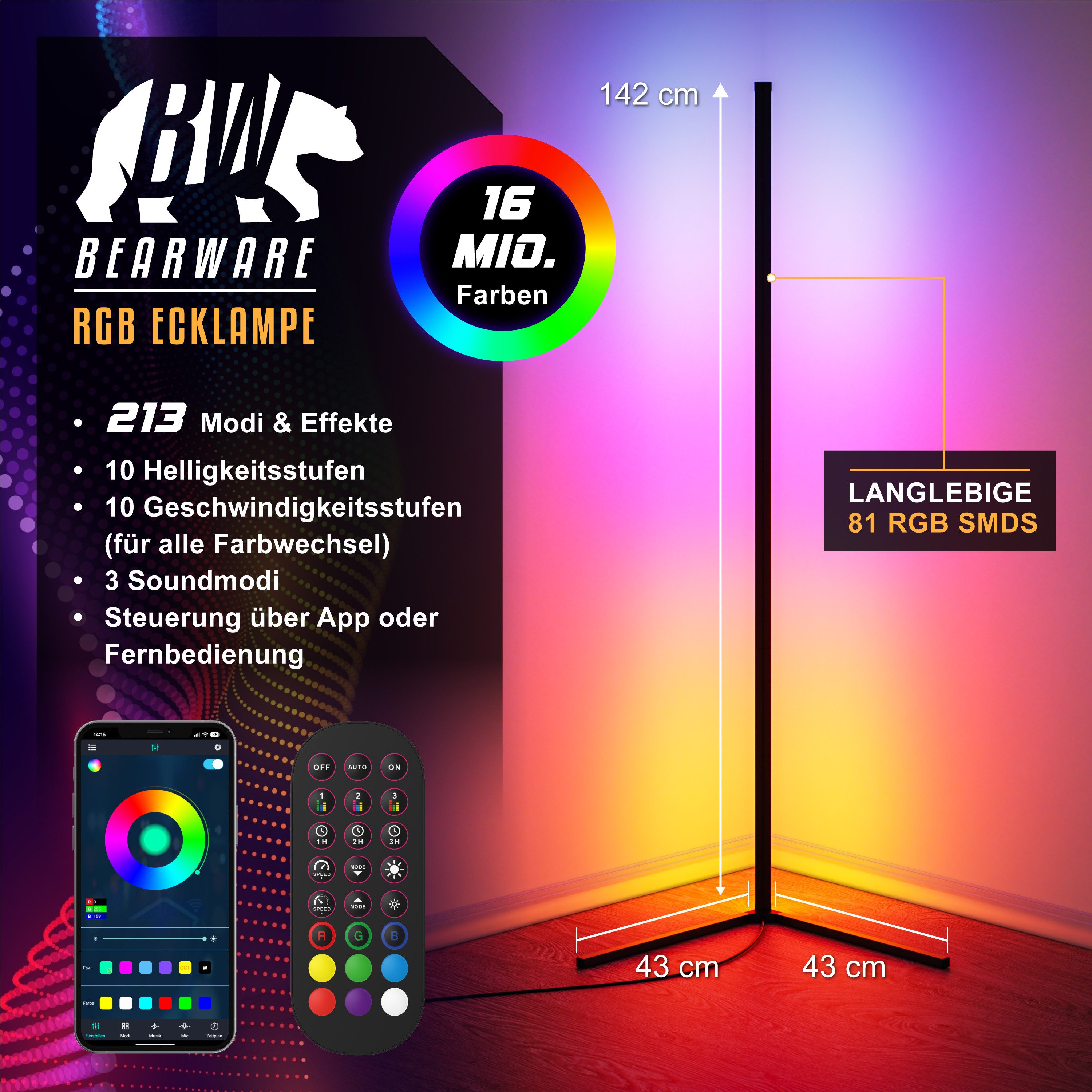 BEARWARE LED Stehlampe Smart Ecklampe, RGB Stimmungslicht mit Bluetooth App günstig online kaufen