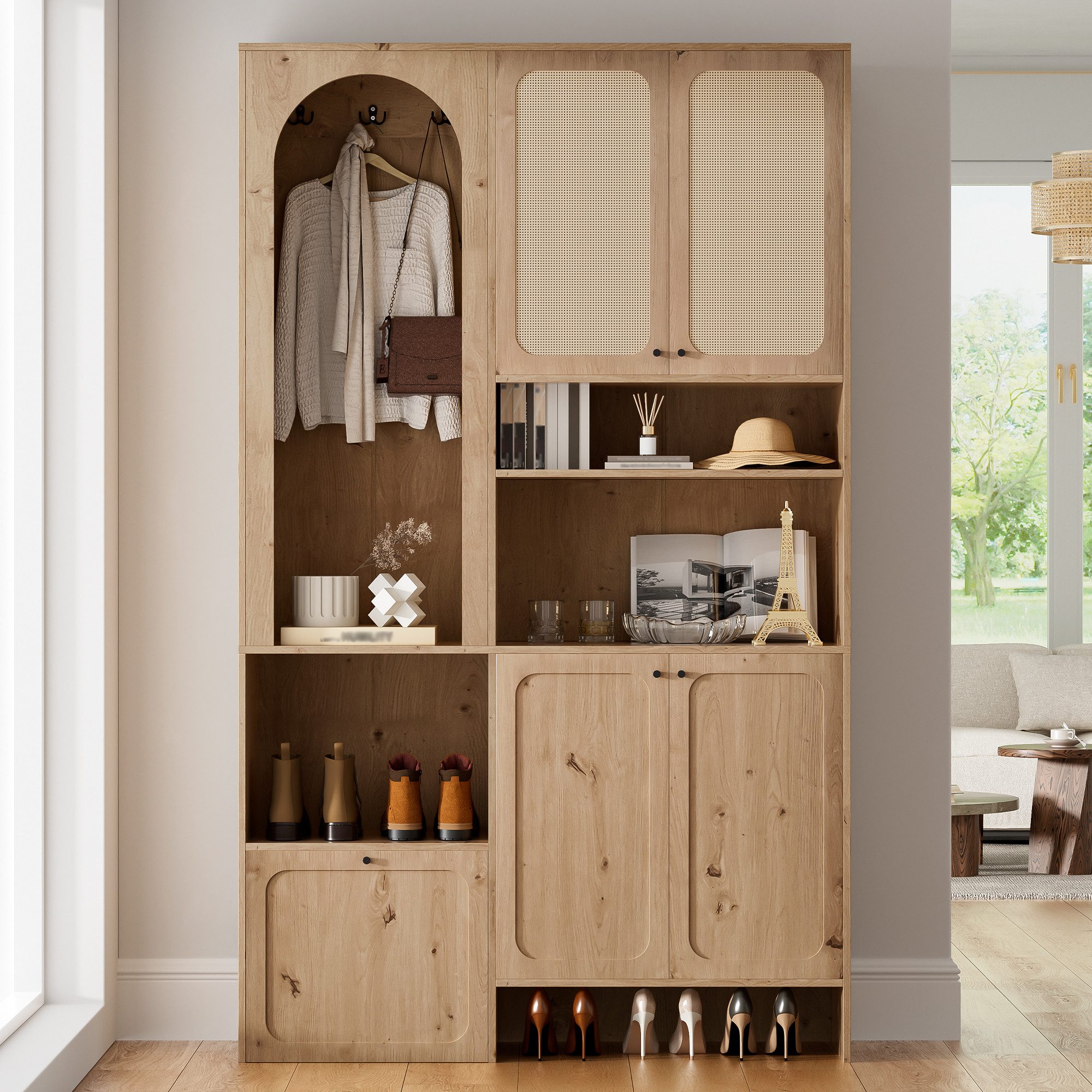 Flieks Garderoben-Set Garderobenständer mit Rattan-Dekor, 4 Türen, Schuhklappen & Haken, (B120xT35xH200 cm, 1-St., Bogendesign Kompaktgarderobe mit verstellbaren Einlegeböden), Garderobenschrank Flurmöbel Schuhschrank Kleiderstange, Natur