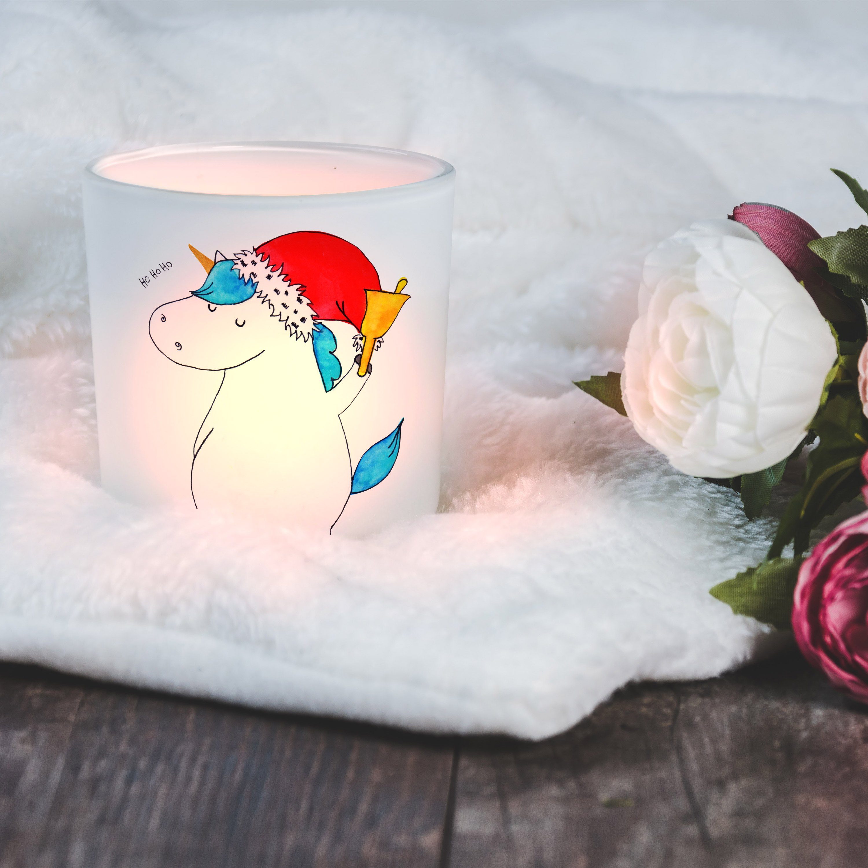 Mr. & Mrs. Panda Windlicht St) Windli Geschenk, - Einhorn Weihnachtsmann (1 - Transparent Teelichtglas