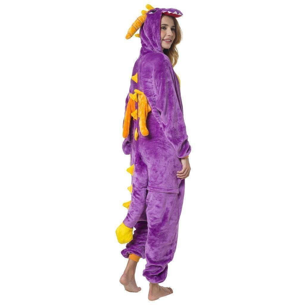 Katara Partyanzug Fantasy Figuren Jumpsuit Kostüm Erwachsene S-XL, Karneval - Kostüm, Kigurumi - Dinosaurier lila-gelb S (145-155cm)