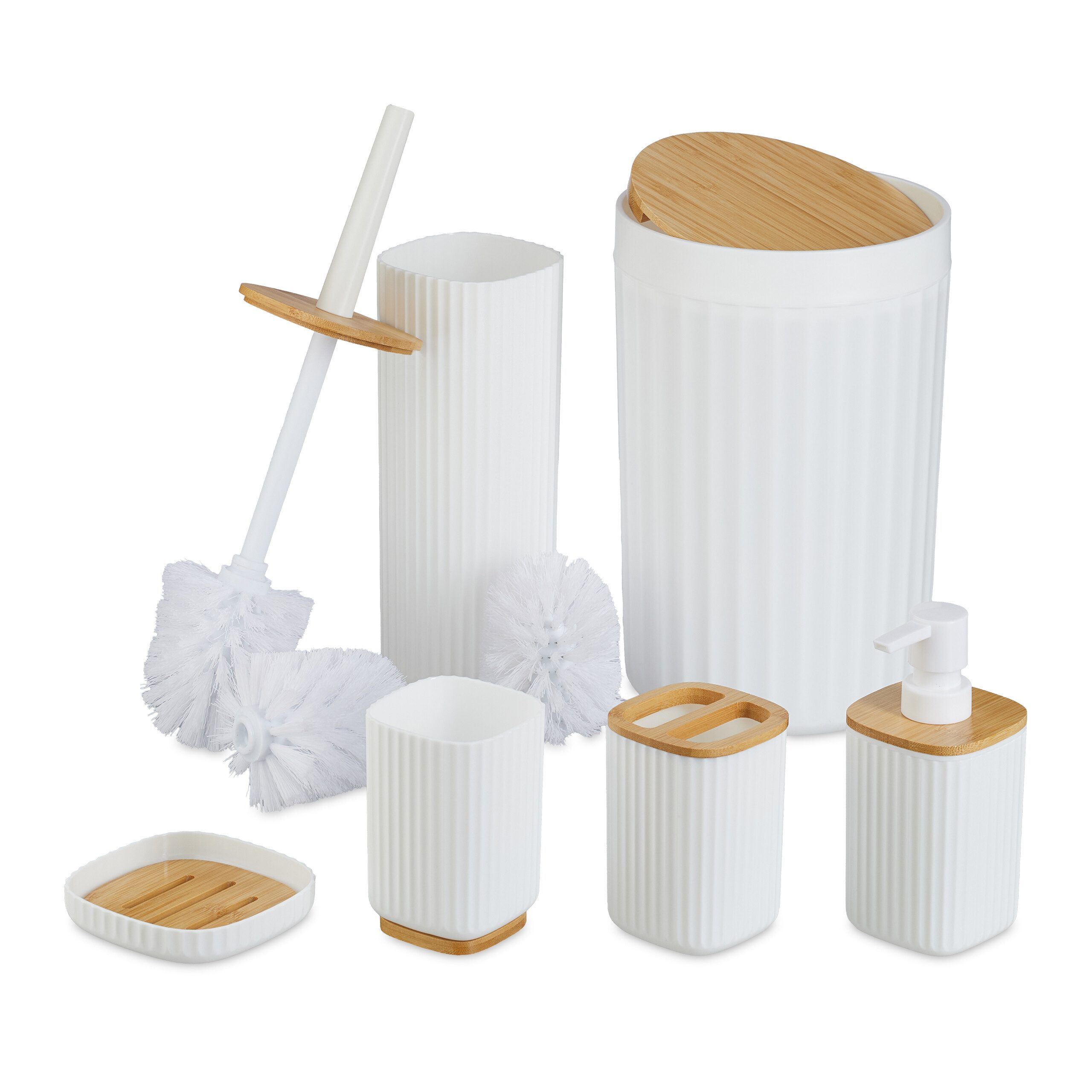relaxdays Badaccessoire-Set 6-teiliges Badezimmer Set, Elegantes geriffeltes Design mit natürlichen Bambus-Details, 6 tlg., weiß