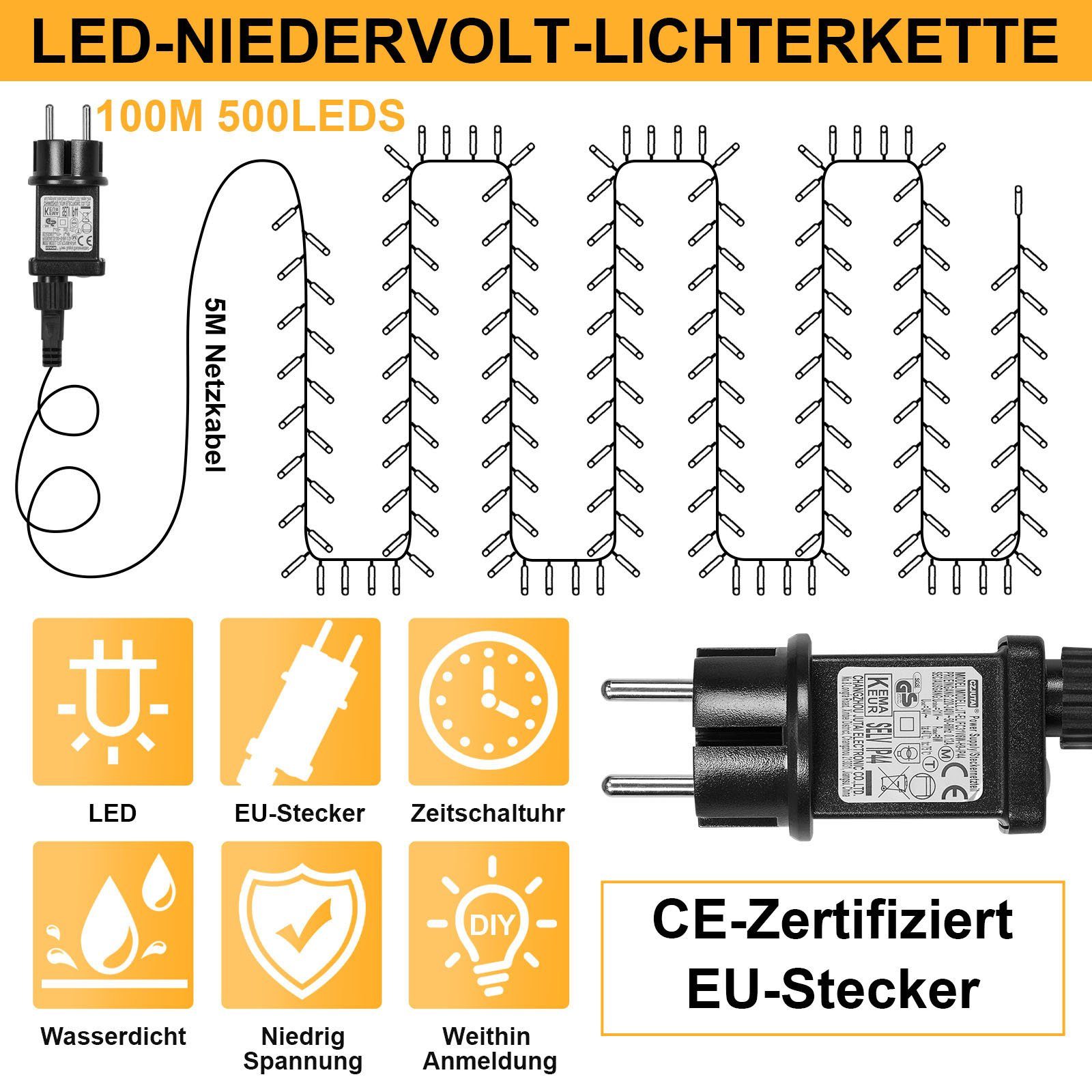 Sunicol LED-Lichterkette Lichterkette 31V Energiesparen Modi, Energiesparen, Warmweiß 10M-100M Drahtlichterkette, 8 Funktion,Speicher - 31V Timer