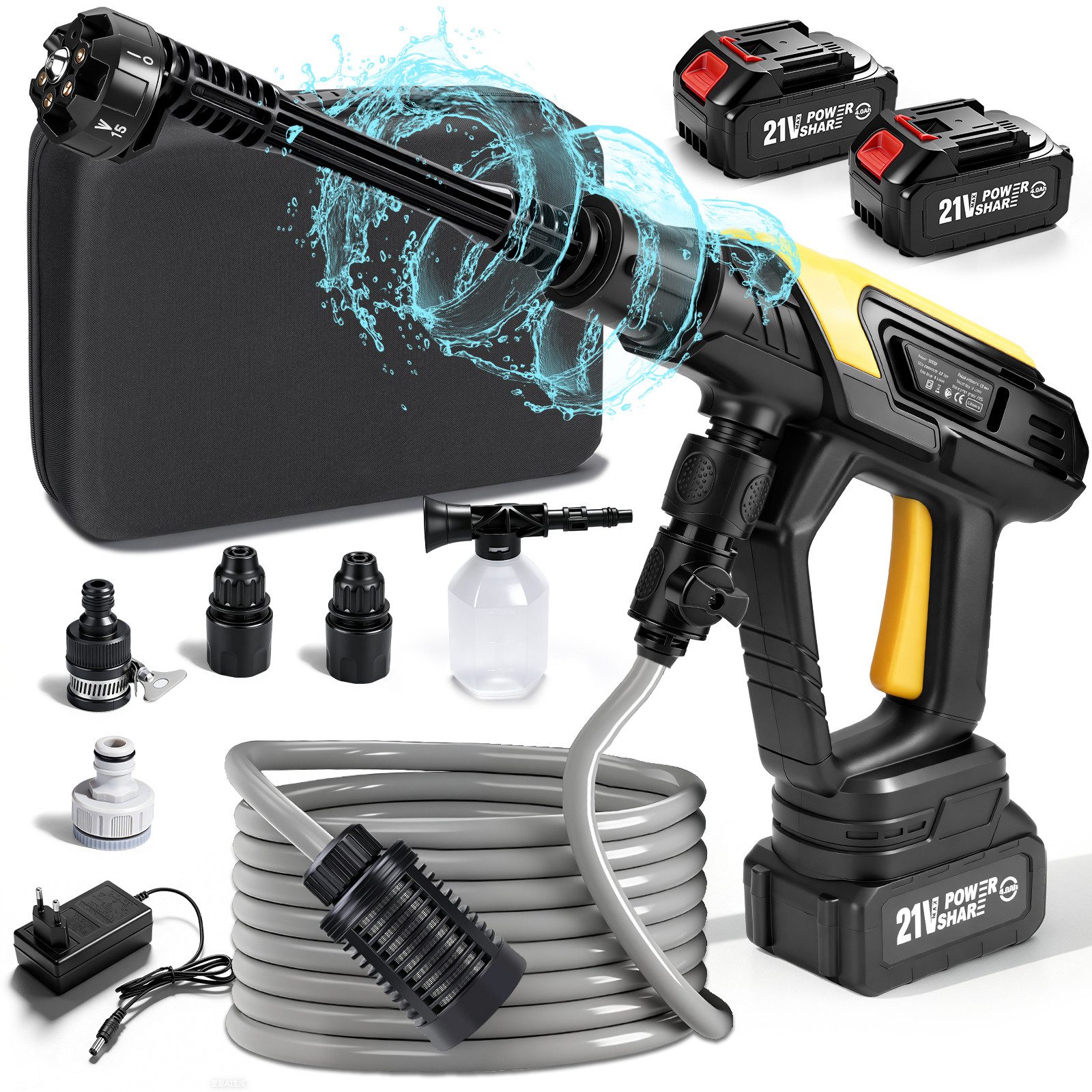 XERSEK Hochdruckreiniger 300W mit 2x4.0Ah-Akkus 6-IN-1-DÜSE 360 L/H Automobiler Druckreiniger, Druck max: 45 bar, (Kabelloser Hochdruckreiniger mit Zubehör, 2 Akkus inklusive), 300W Autowascher Max.360L/h, 6-in-1 Düse & Schaumsprüher, 5 m Schlauch