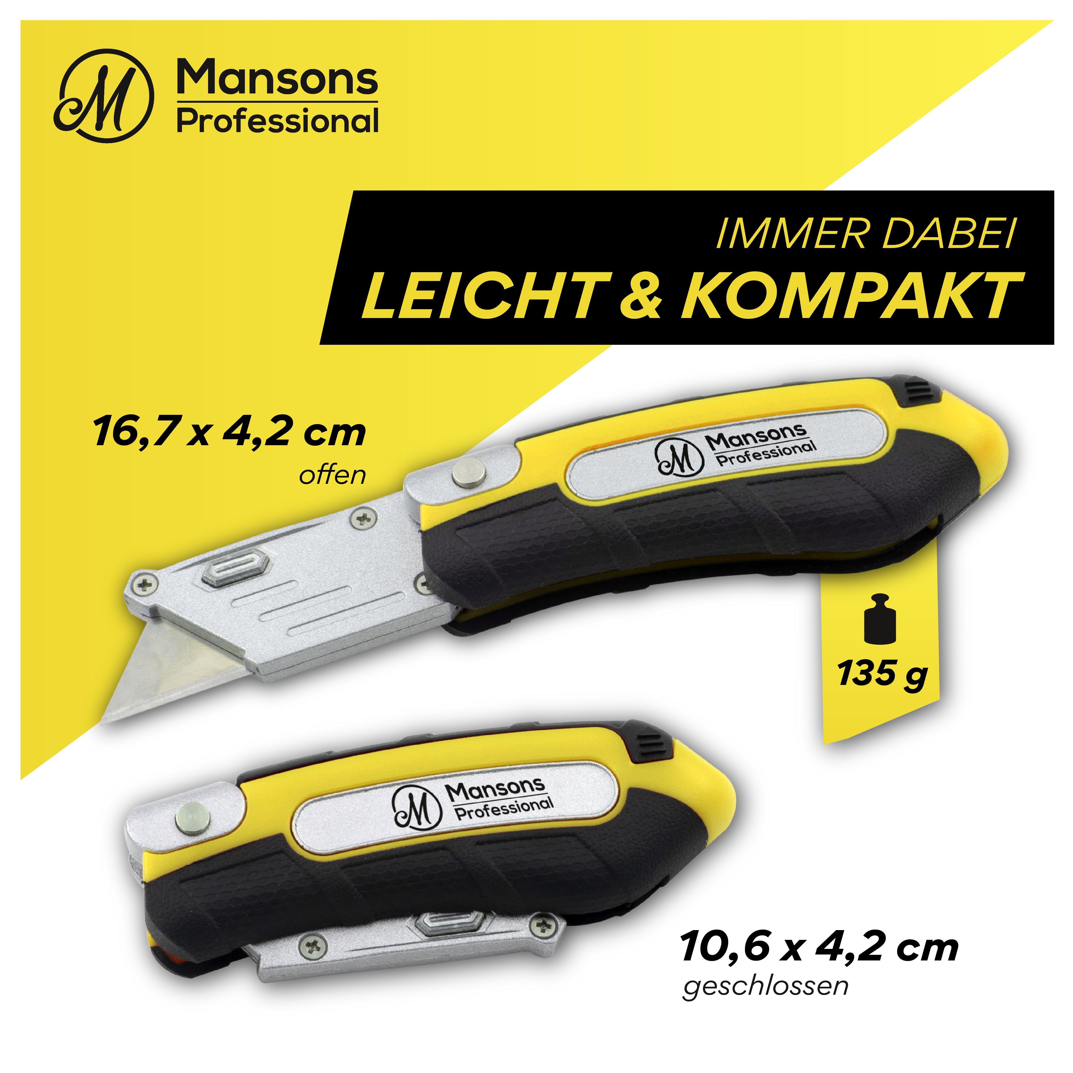 Mansons Cuttermesser Profi Cuttermesser klappbar, (Klappmesser mit Gürtelclip, Faltbares Teppichmesser Metall extra Scharf mit 13 Ersatzklingen), Universalmesser für Teppich, Tapeten und Karton