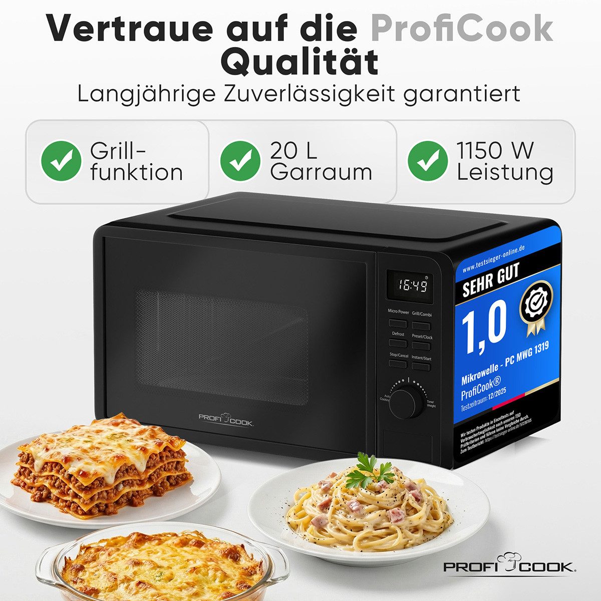 ProfiCook Mikrowelle PC-MWG 1319, Mikrowelle mit Grill, 800W Grill, 20L