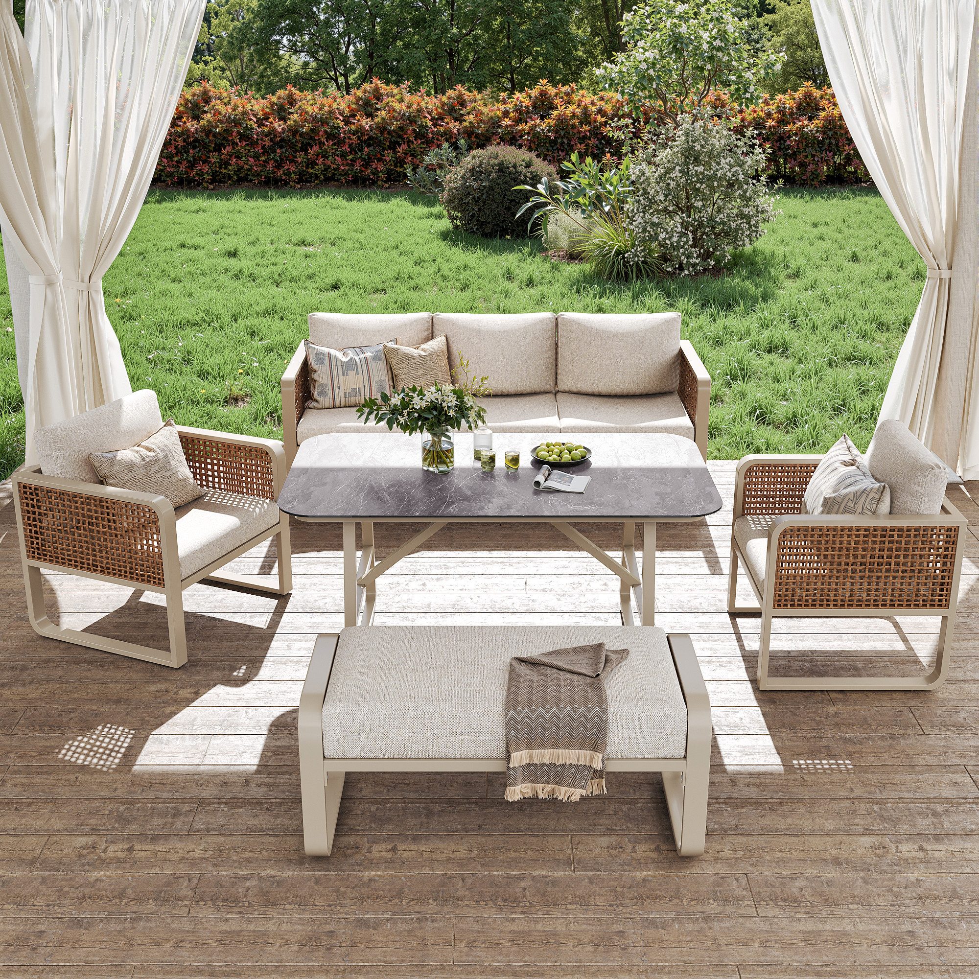 STILVORA Gartenlounge-Set für 6-7 Personen Gartenmöbel Set 1 Tisch Ecksofa mit Sitz&Rückenkissen, (Gartenlounge-Set – PE-Rattan Beigefarben, 5-tlg), mit Relaxfunktion