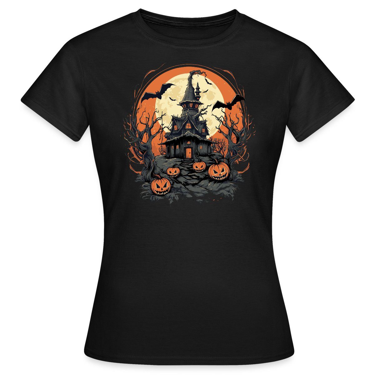 Spreadshirt T-Shirt Halloween Spukhaus Mit Kürbissen Und Vollmond Frauen T- günstig online kaufen