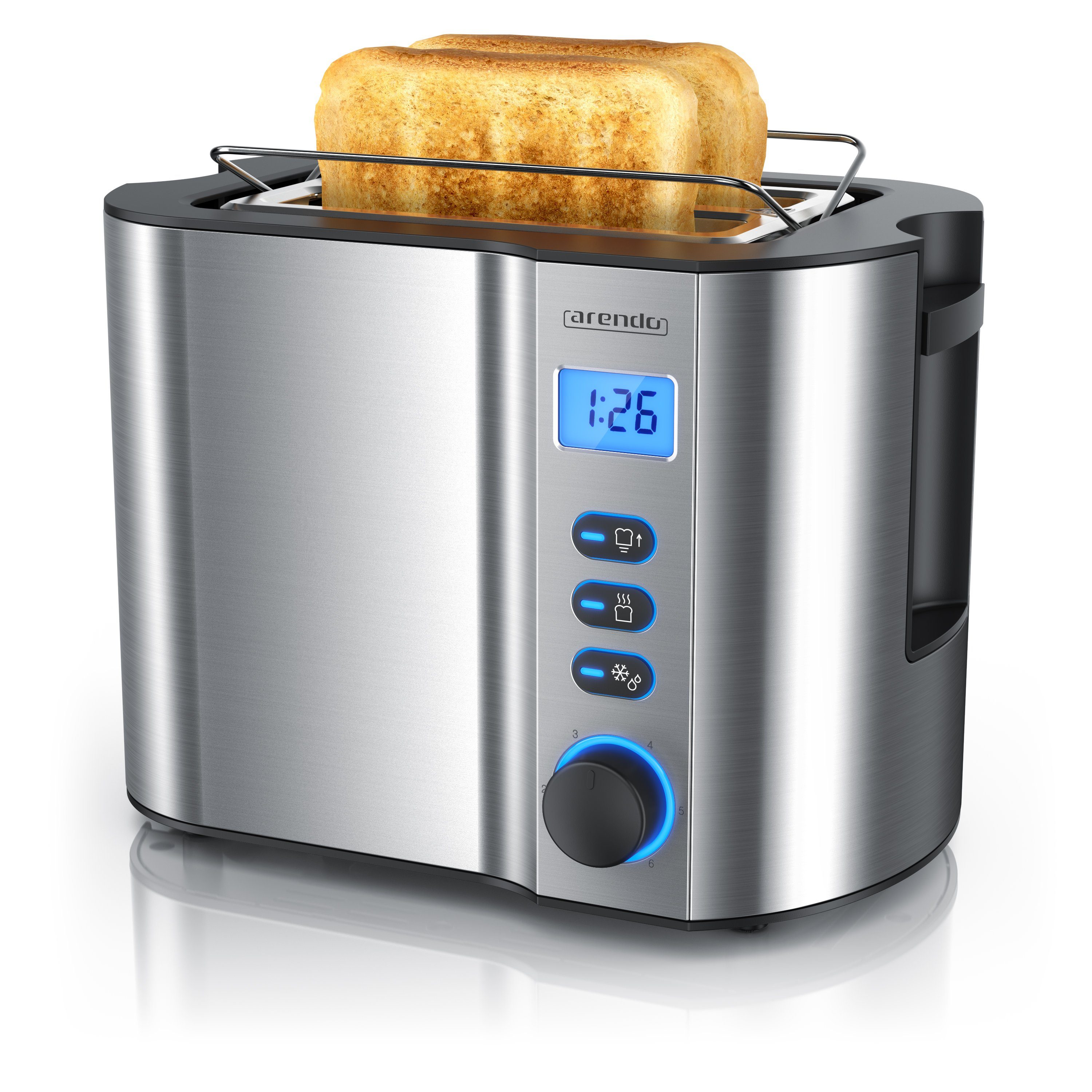 Arendo Toaster Edelstahl, 2 Scheiben Kurz, Kurzschlitz, Display, Restzeitanzeige, 2 kurze Schlitze, für 2 Scheiben, 800 W, Integrierter Brötchenaufsatz, Doppelwandgehäuse Wärmeisoliert