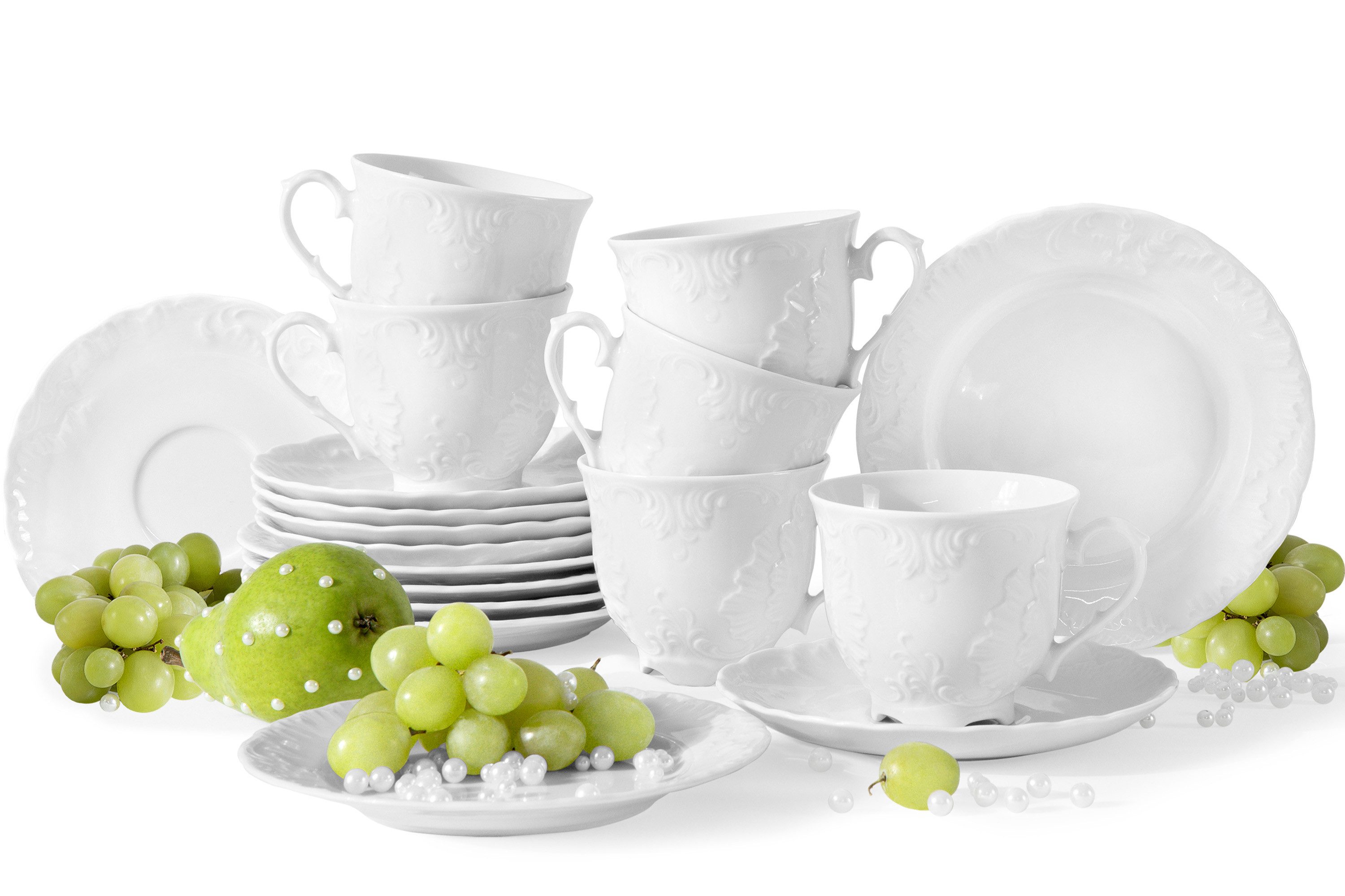 KONSIMO® Kaffeeservice CMIELOW ROCOCO Kombiservice, Hochwertiges Premium-Porzellan (18-tlg), 6 Personen, Porzellan, spülmaschinengeeignet, mikrowellengeeignet, mit eleganten Verzierungen