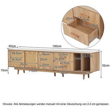 OKWISH Lowboard TV-Konsolentisch (TV-Ständer mit Schiebtüren im Landhausstil, Lowboard mit Rattan Geflochten Türen und 2 Schubladen)