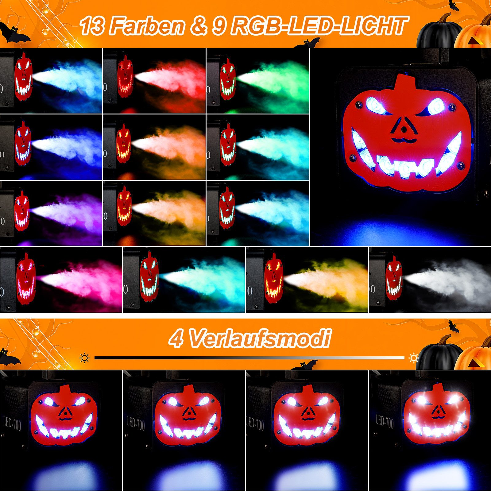 TLGREEN LED Discolicht 500W Nebelmaschine Kürbis Kopf, mit 13 Farben 9 LED Licht, RGB Effekt und Automatik-Sprühfunktion, Fog Rauchmaschine für Halloween, Weihn – Bild 5 von 5