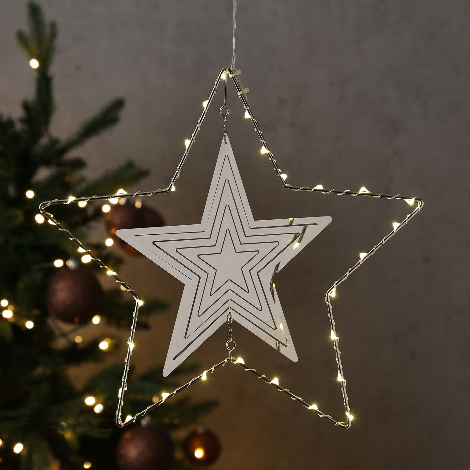 MARELIDA LED Stern LED Stern 3D Dekohänger Metallstern Weihnachtsstern Timer 30cm silber, LED Classic, warmweiß (2100K bis 3000K)
