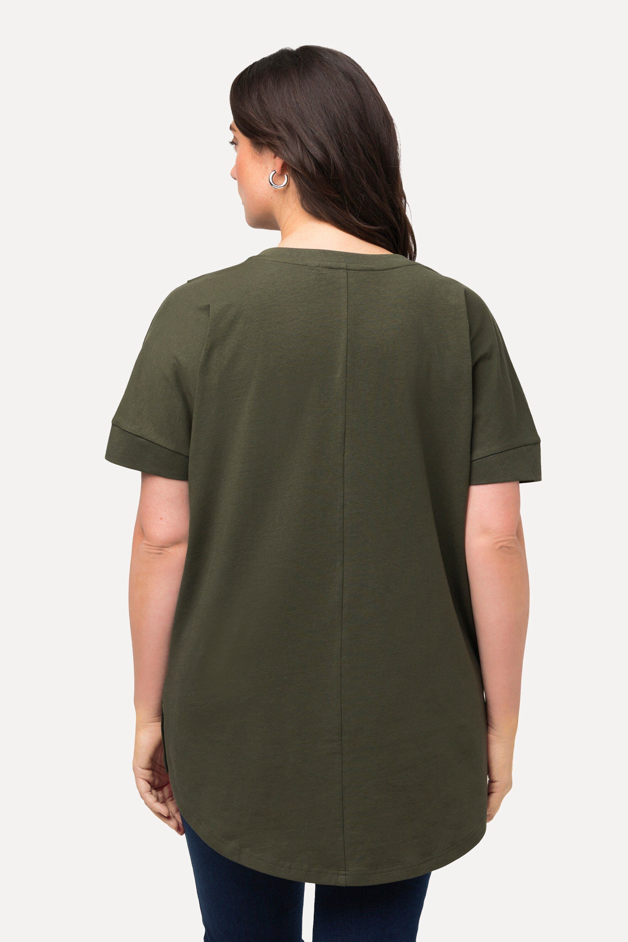 Zierfalten khaki Longshirt Ulla Rundhalsshirt V-Ausschnitt Oversized Popken