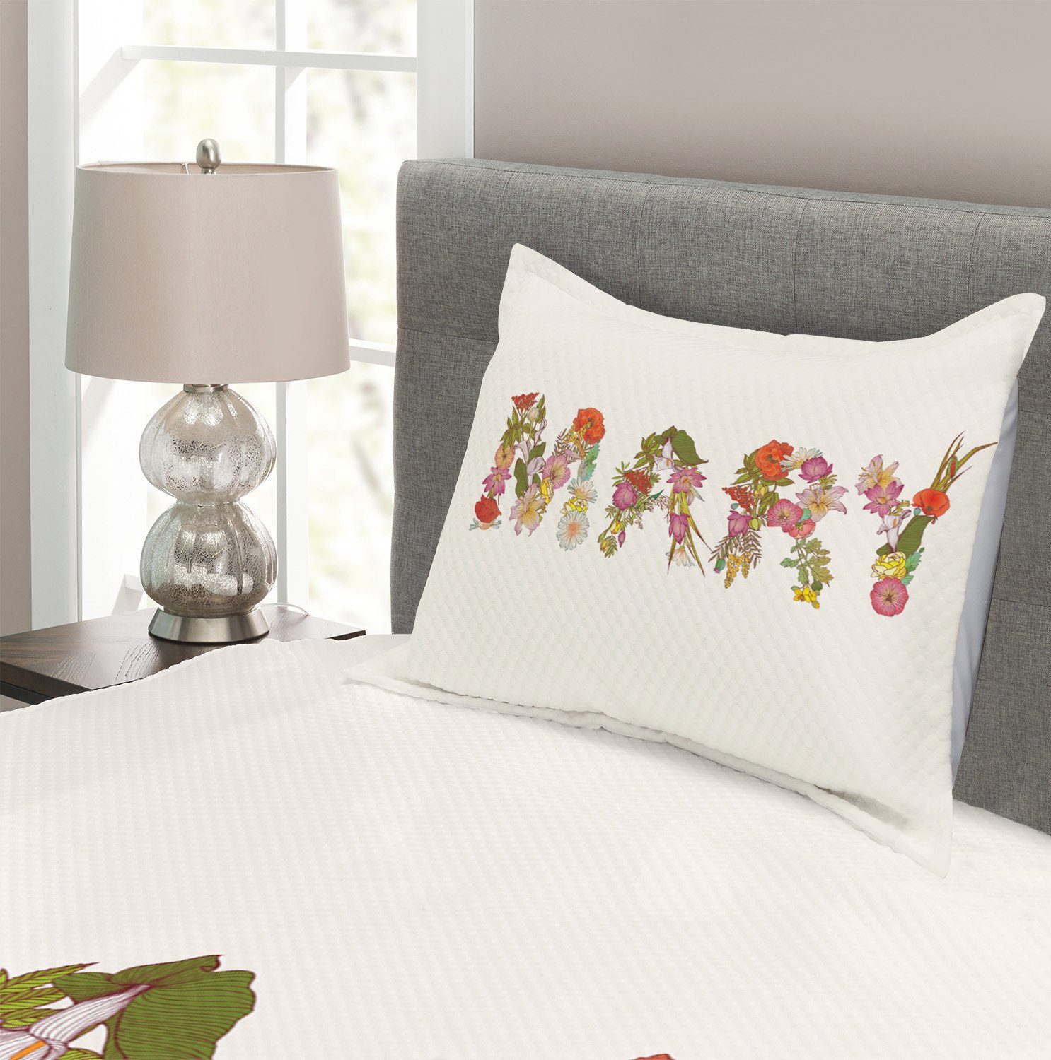 Waschbar, Blühende Blumen-Buchstaben Maria Tagesdecke mit Kissenbezügen Abakuhaus, Set