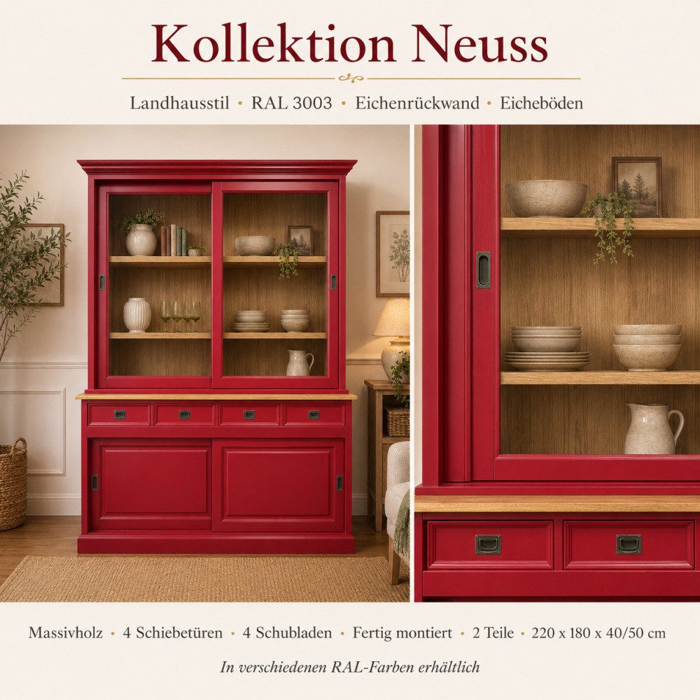 Wohnpalast Vitrine Landhaus Vitrinen Schrank Neuss 180 cm Rot mit Eichenrückwand
