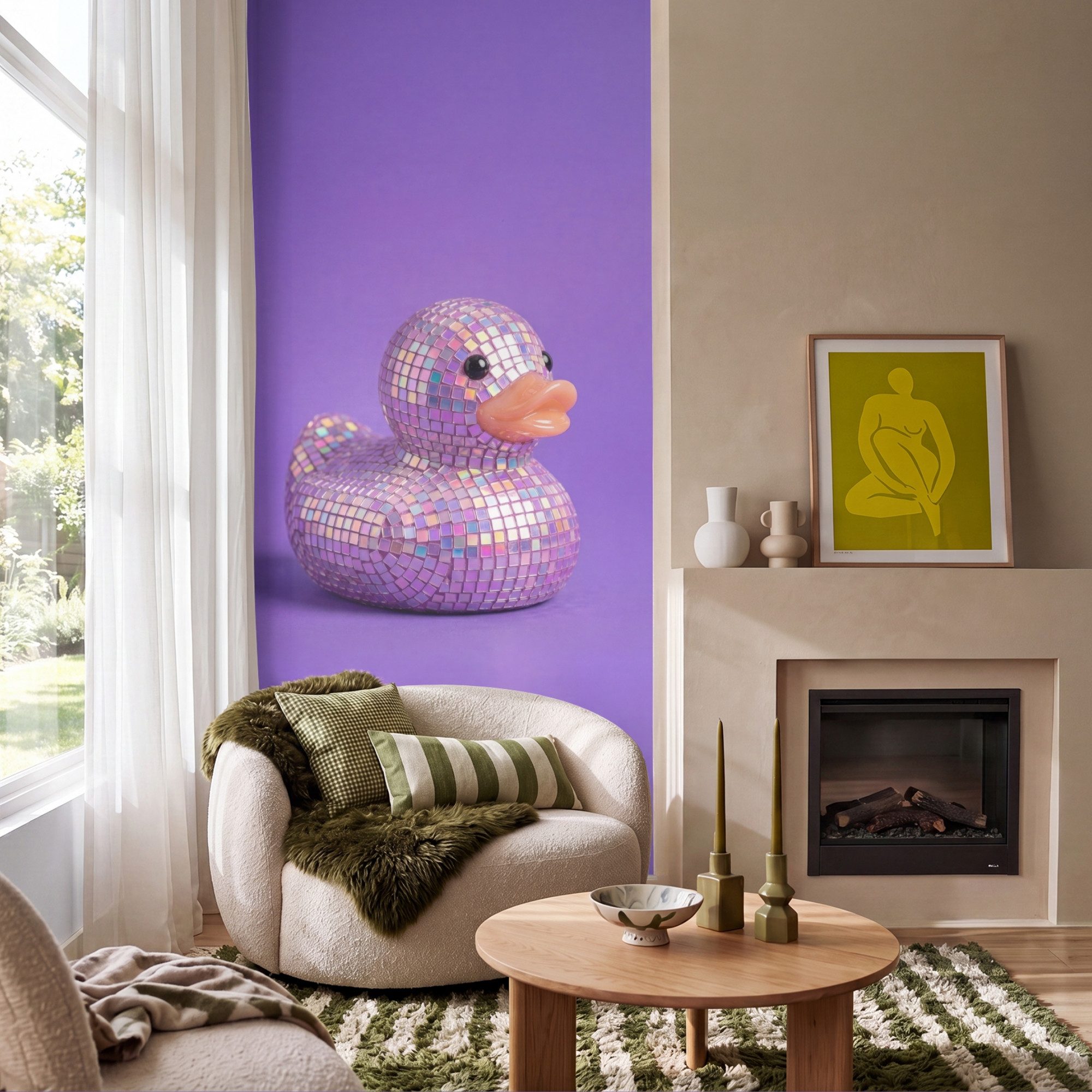 OnlyWow Fototapete Disco - Ente - Lila, Matt, bedruckt, Wandtapete, Schlafzimmer, Wanddekoration 100x220cm