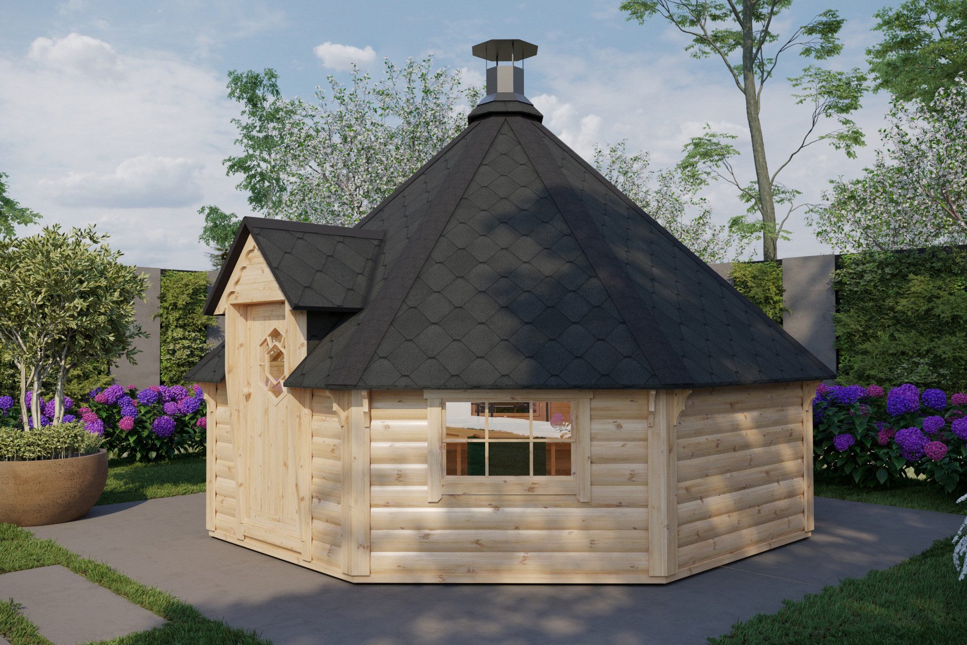 Finn Art Blockhaus Grillkota Grillpavillon 8-eckig Elegance 16,5 max. 21 Personen, BxT: 453x435 cm, Schindeln schwarz, mit Grillanlage, mit 18 mm Fußboden