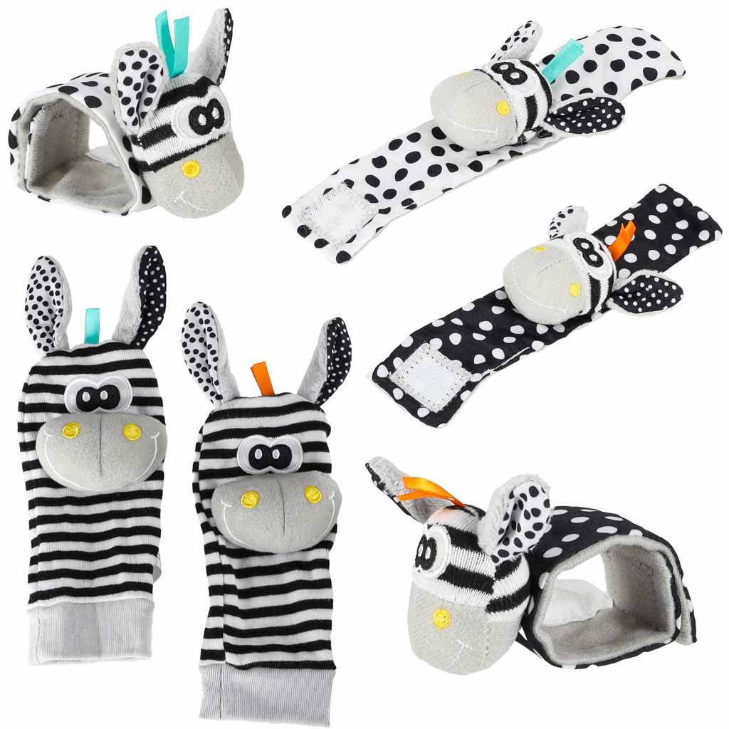 Ikonka Rasselsocke Babysöckchen Handgelenkrasseln Greifling, 4er-Set, Rassel, Zebra-Motiv, Schwarz-Weiß-Kontrast