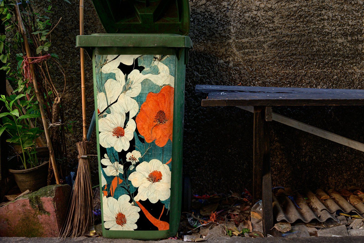 Blumen Container, - Mülltonne, Vintage Asien Wandsticker Abfalbehälter St), MuchoWow Sticker, Orange Pflanzen - Mülleimer-aufkleber, (1 - -