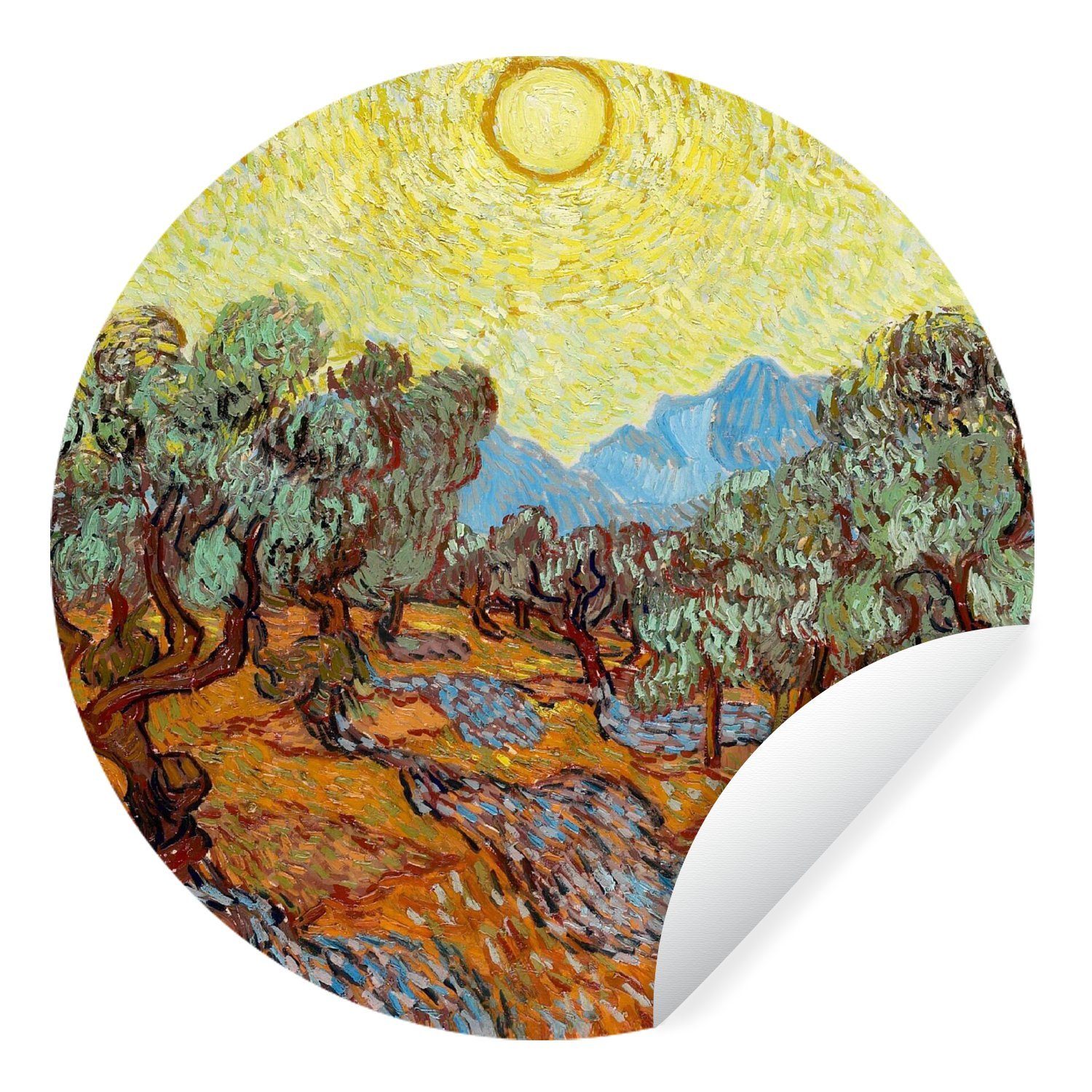 MuchoWow Wandsticker Olivenbäume mit gelbem Himmel und Sonne - Gemälde von Vincent van Gogh (1 St), Tapetenkreis für Kinderzimmer, Tapetenaufkleber, Rund, Wohnzimmer