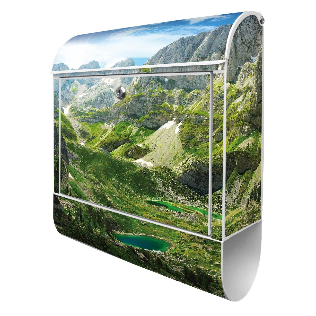 banjado Wandbriefkasten Stahl Bergsee Alpen (Wandbriefkasten witterungsbeständig, pulverbeschichtet, mit Zeitungsfach), 39 x 47 x 14cm weiß