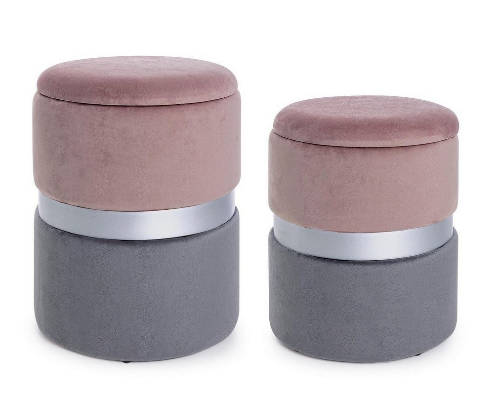 Natur24 Esszimmerstuhl 2er Set Pouf Polina 36 x 36 x 44 cm MDF Polyester Grau Rosa