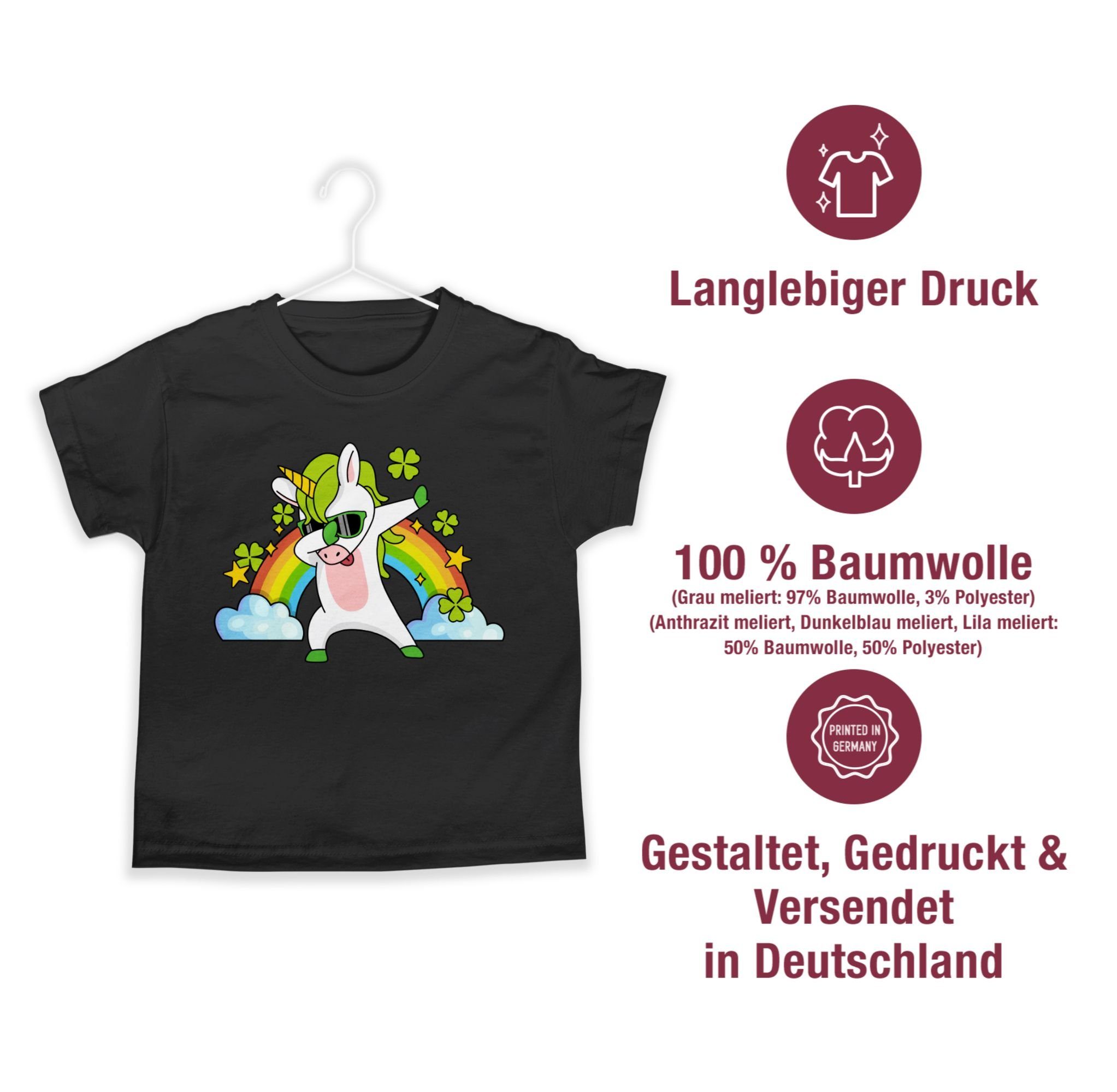 Kinder Shirtracer Anlässe Regenbogen Kleeblatt T-Shirt 2 Dabbendes Einhorn Schwarz