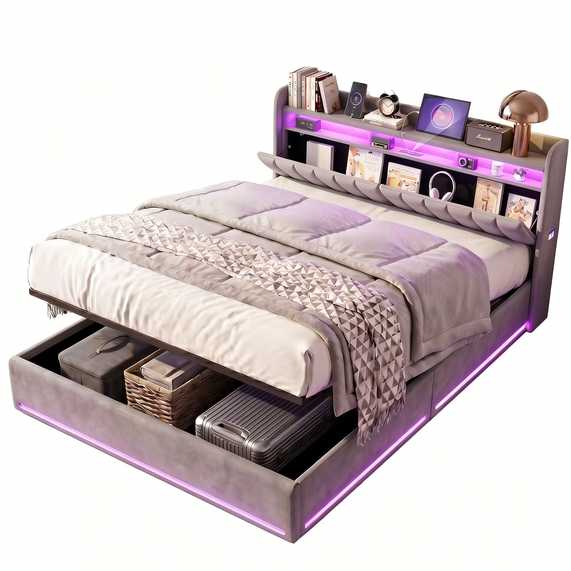Gdood Polsterbett Stauraumbett Doppelbett LED (Type-C + USB, Hydraulisch hebbarer Stauraum), Mit Bettkasten, LED-Beleuchtung, USB-Anschluss, 160x200 cm – Bild 4 von 5