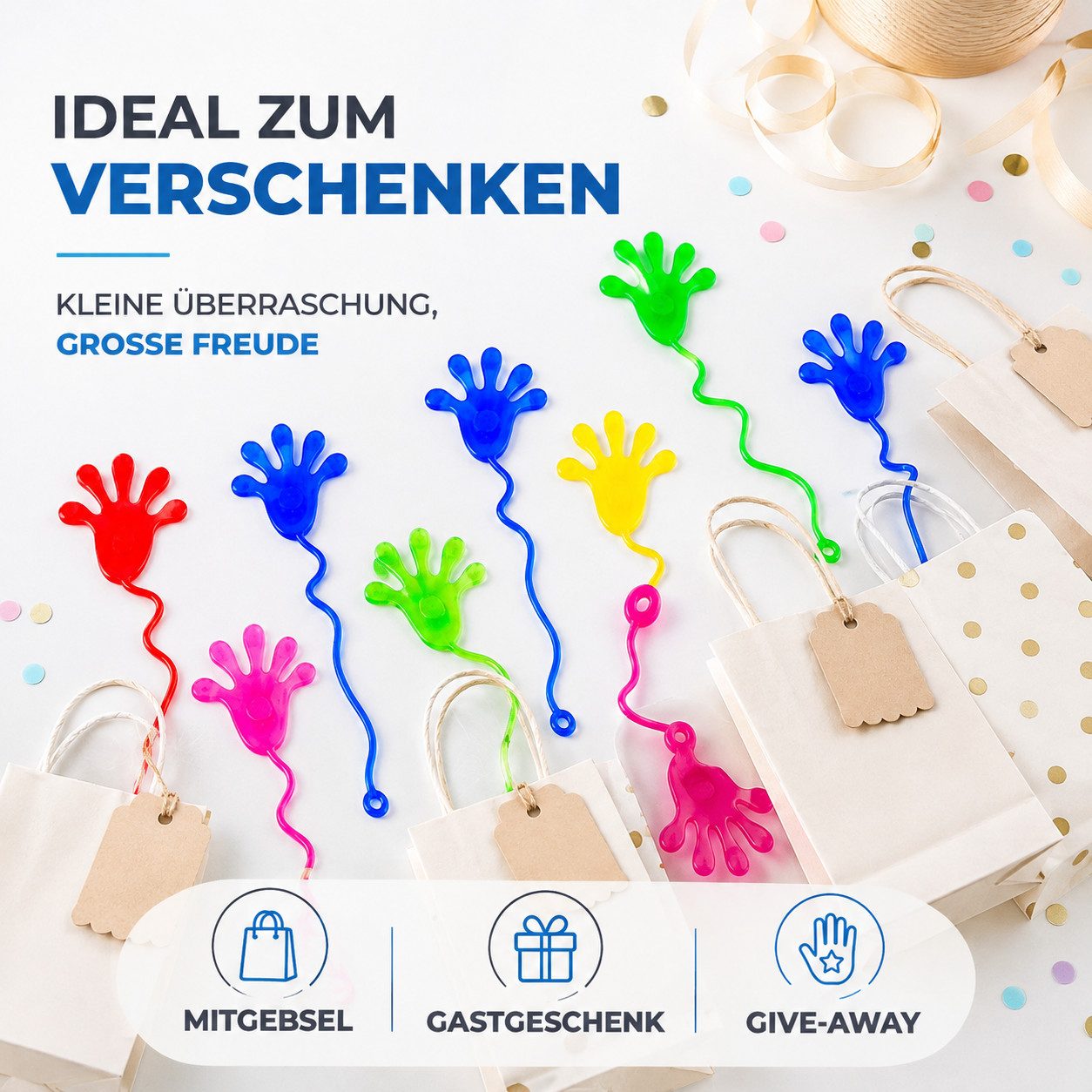 Kinderfreund® Lernspielzeug 12 bunte Klatschhände, dehnbare Glibberhände mit Fingerschlaufe (Packung, 12-St., 12x Glibberhand), Dehnbar bis 30 cm – Bild 3 von 5