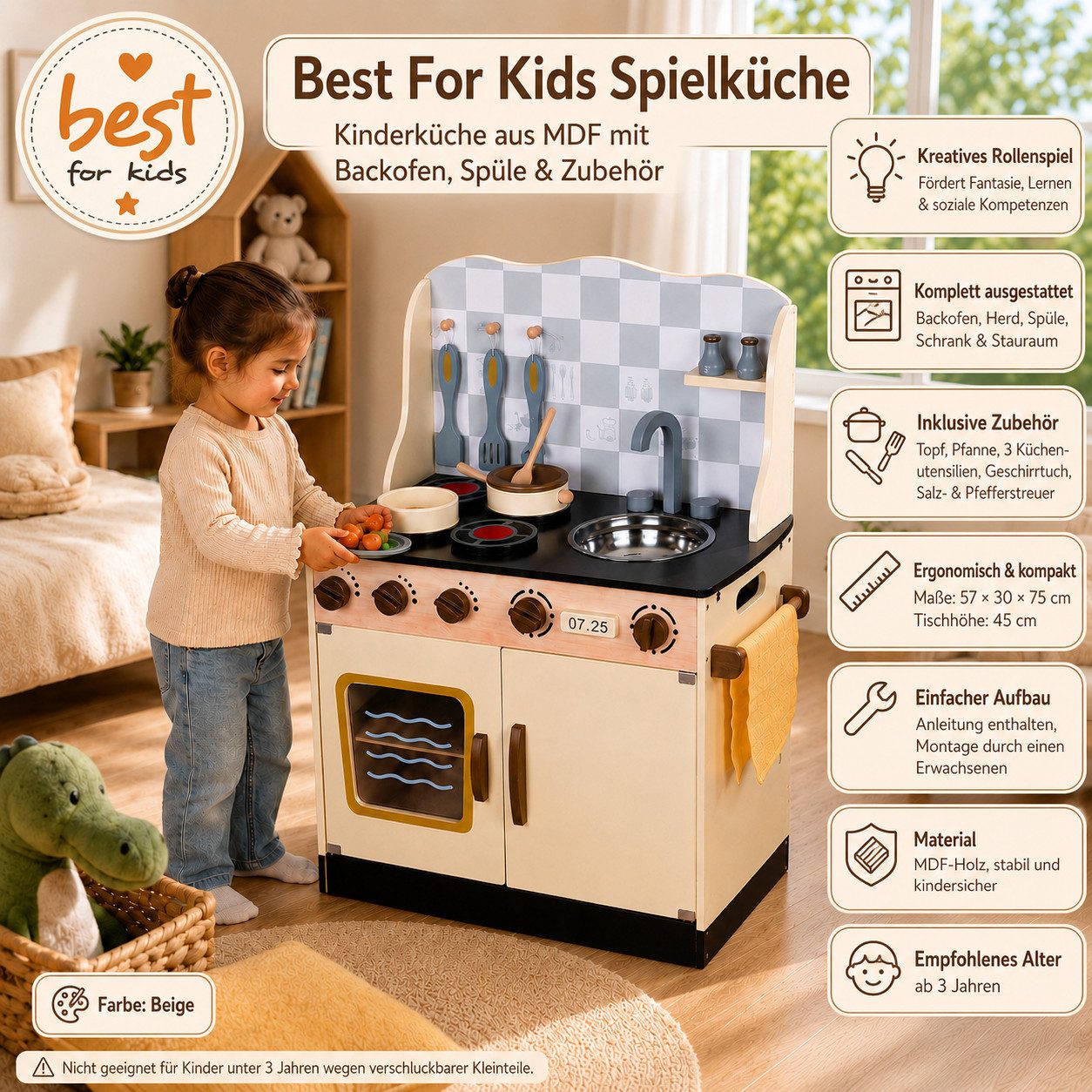 Best for Kids Spielküche Spielküche – Holzküche für Kinder mit Backofen, Spüle, Herd & Zubehör Holz, Herausnehmbare Spüle, Realistisches Rollenspiel, Stabile Konstruktion