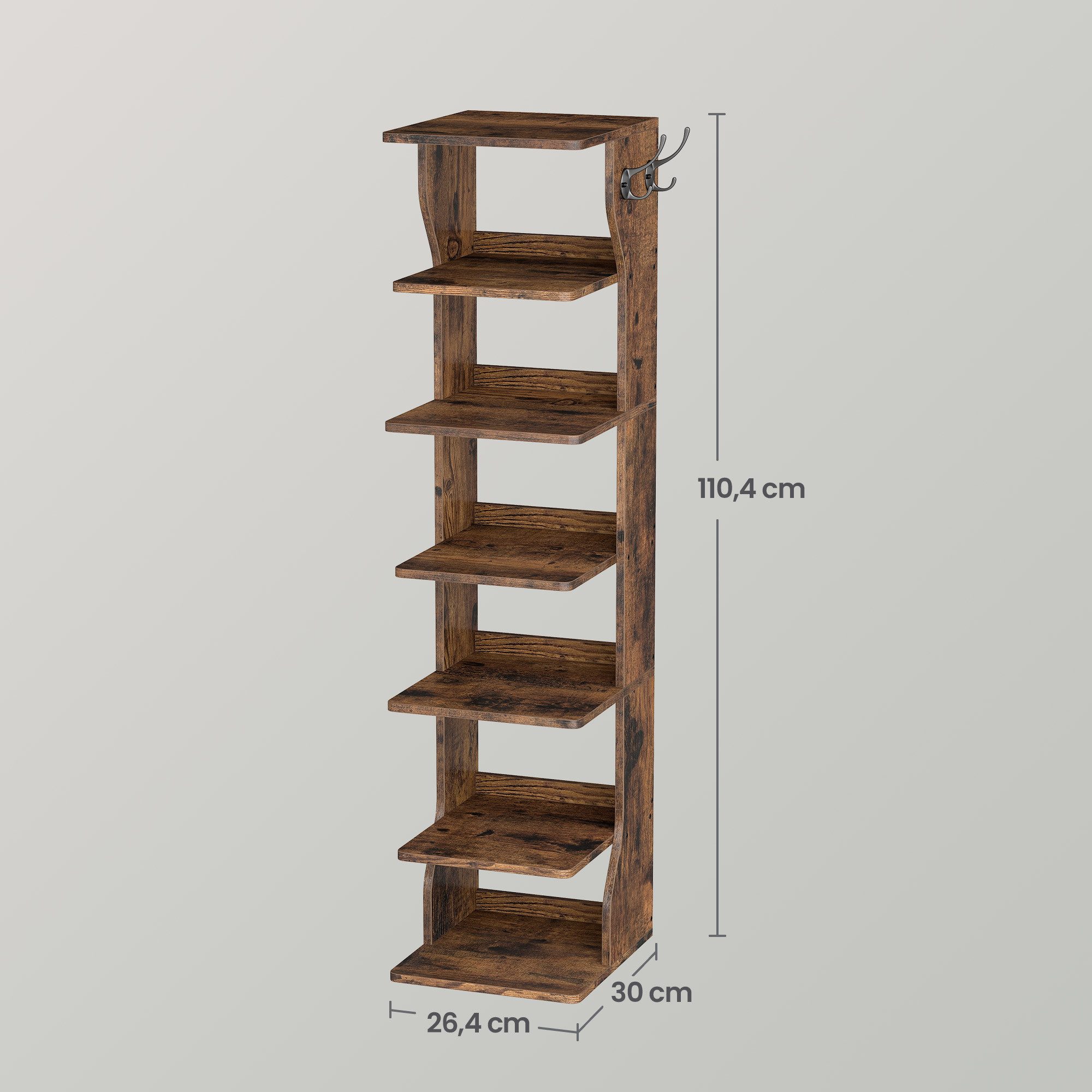 VASAGLE Schuhregal Standregal, platzsparend, für Eingangsbereich, Ecke, Schuhablage, schmal, mit 7 Ebenen, 30 x 26,4 x 110,4 cm
