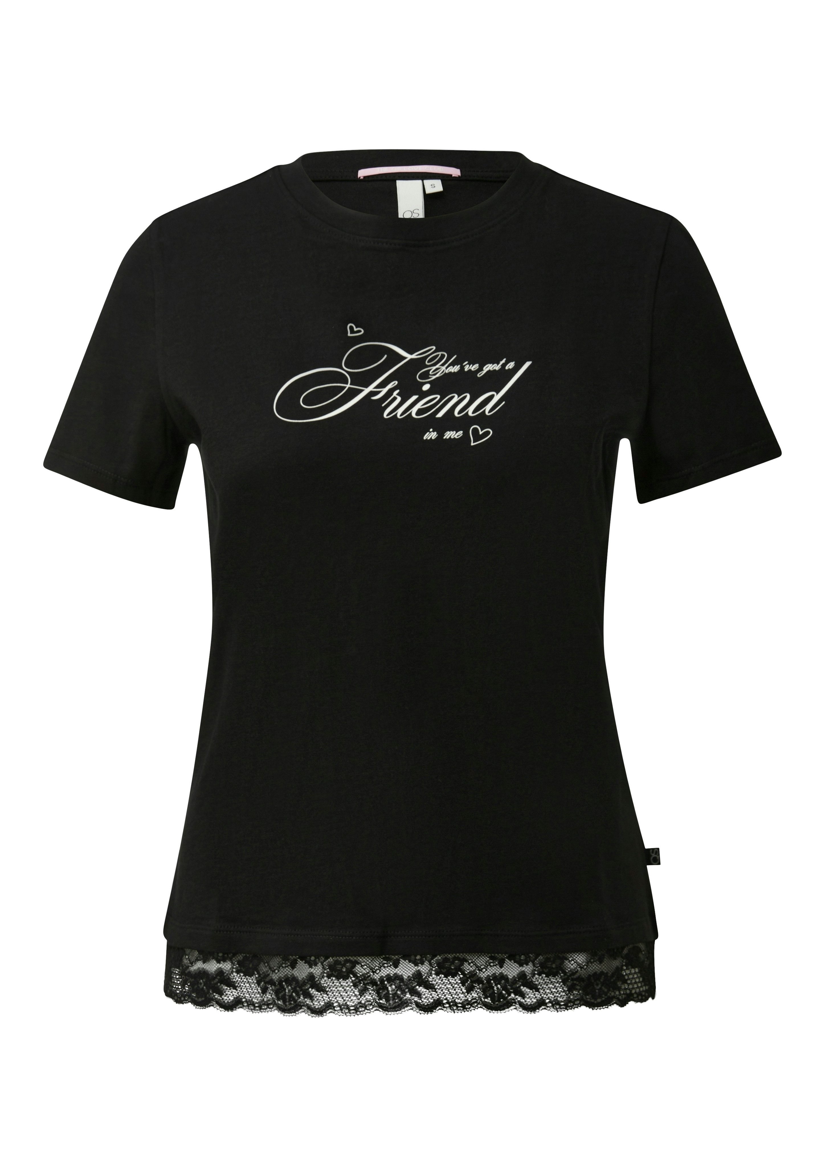 QS Rundhalsshirt mit Letter-Print und Spitze am Saum – Bild 4 von 4