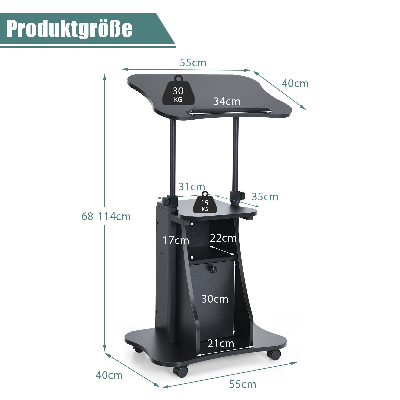 COSTWAY Stehpult, mit neigbarer Tischplatte & Schrank, 68-114cm verstellbar