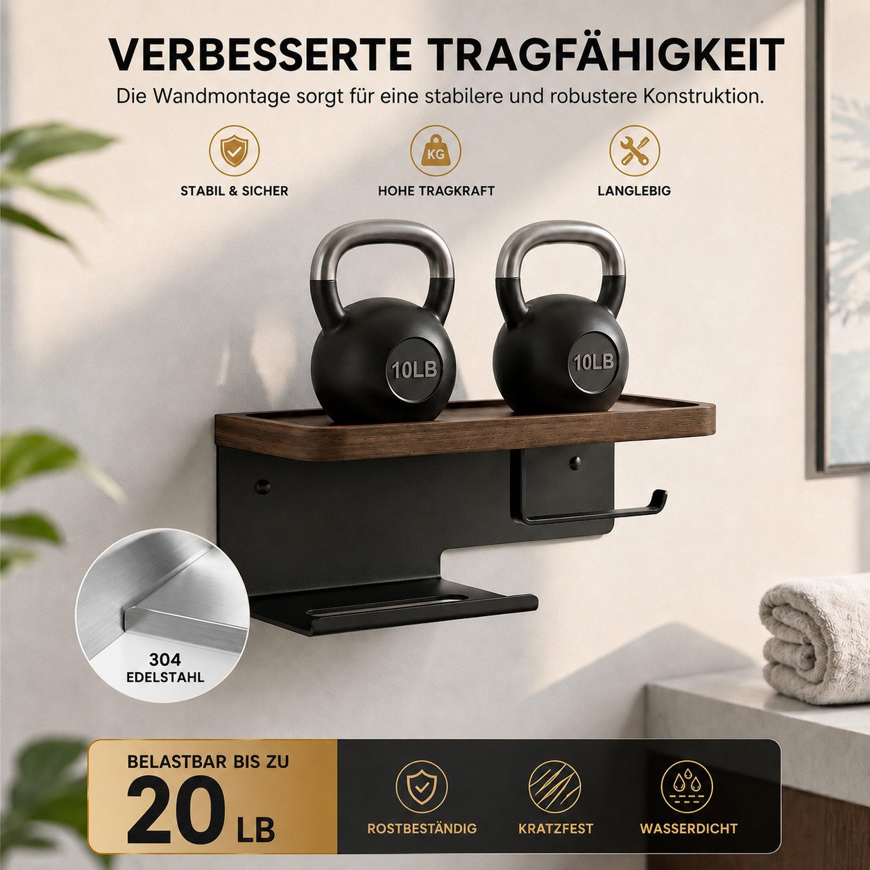 Diwzbyn Toilettenpapierhalter Toilettenpapierhalter mit Holzablage, SUS304 Edelstahl, Walnussablage, Selbstklebend oder Schraubmontage – Bild 4 von 5
