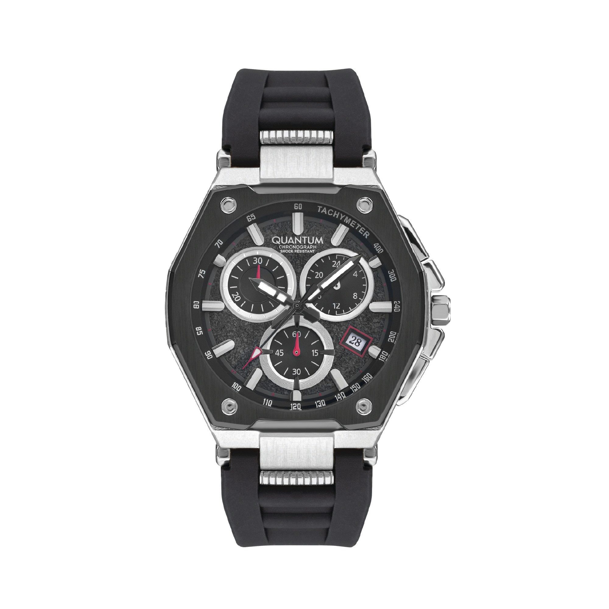 QUANTUM Chronograph Herrenuhr Silikonarmband, 47 mm, Herren Armbanduhr, 10 ATM wasserdicht schwarzes Zifferblatt, silber-schwarz – PWG1005.351, (1-tlg), Datum, Mineralglas, inkl. Geschenkbox