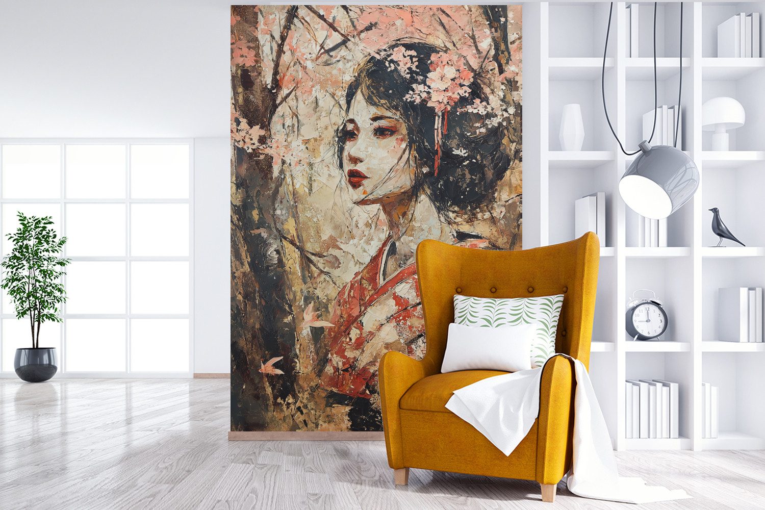 MuchoWow Fototapete Kimono - Frau - Kirschbäume, Matt, bedruckt, Montagefertig Vinyl Tapete, Wandtapete, 170x260 cm