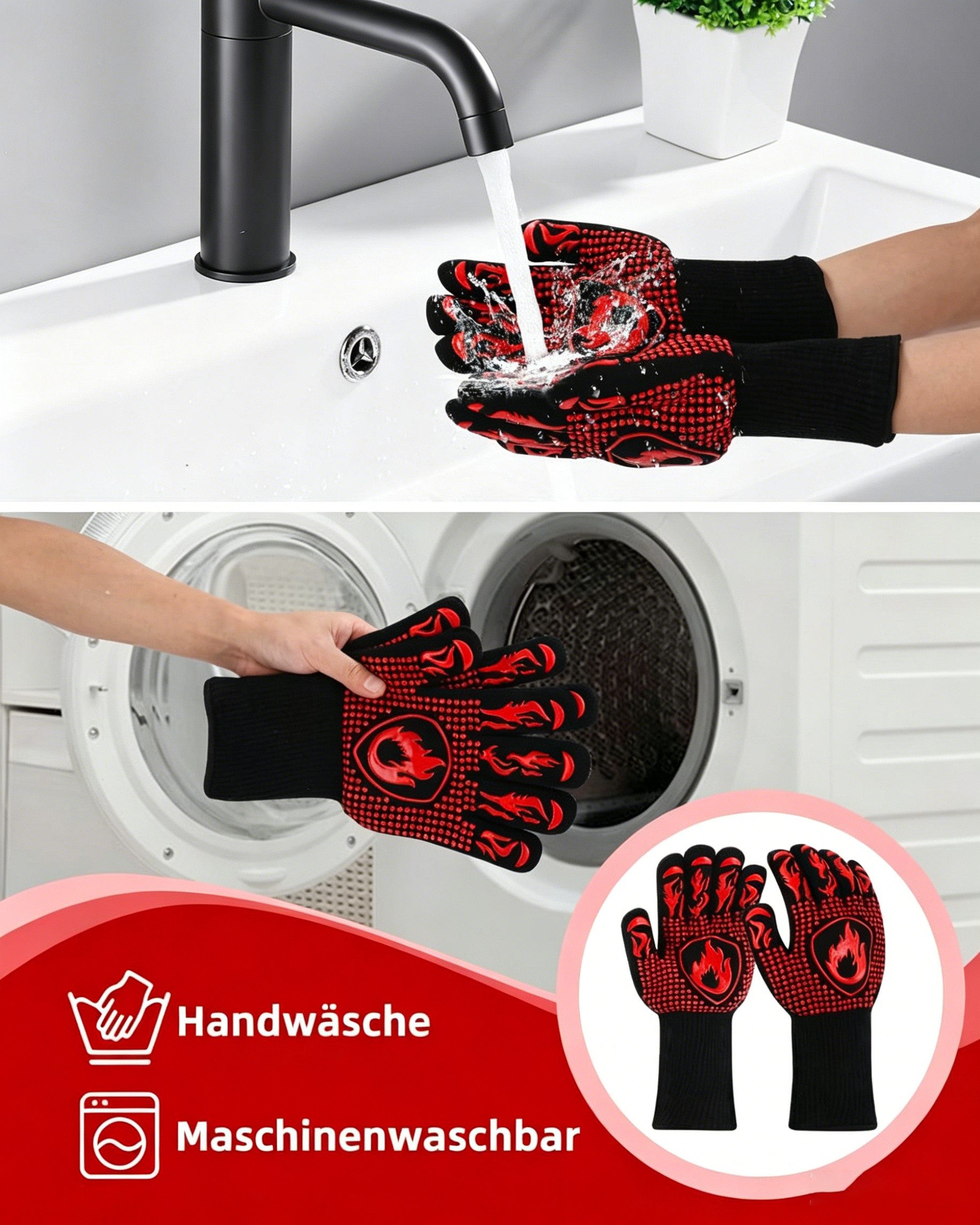 Forrlite Grillhandschuhe Hitzebeständige Handschuhe zum Grillen, Kochen und Backen, (Hitzebeständige Grill- & Ofenhandschuhe für Küche, Backen, BBQ – Schutz vor – Bild 4 von 5