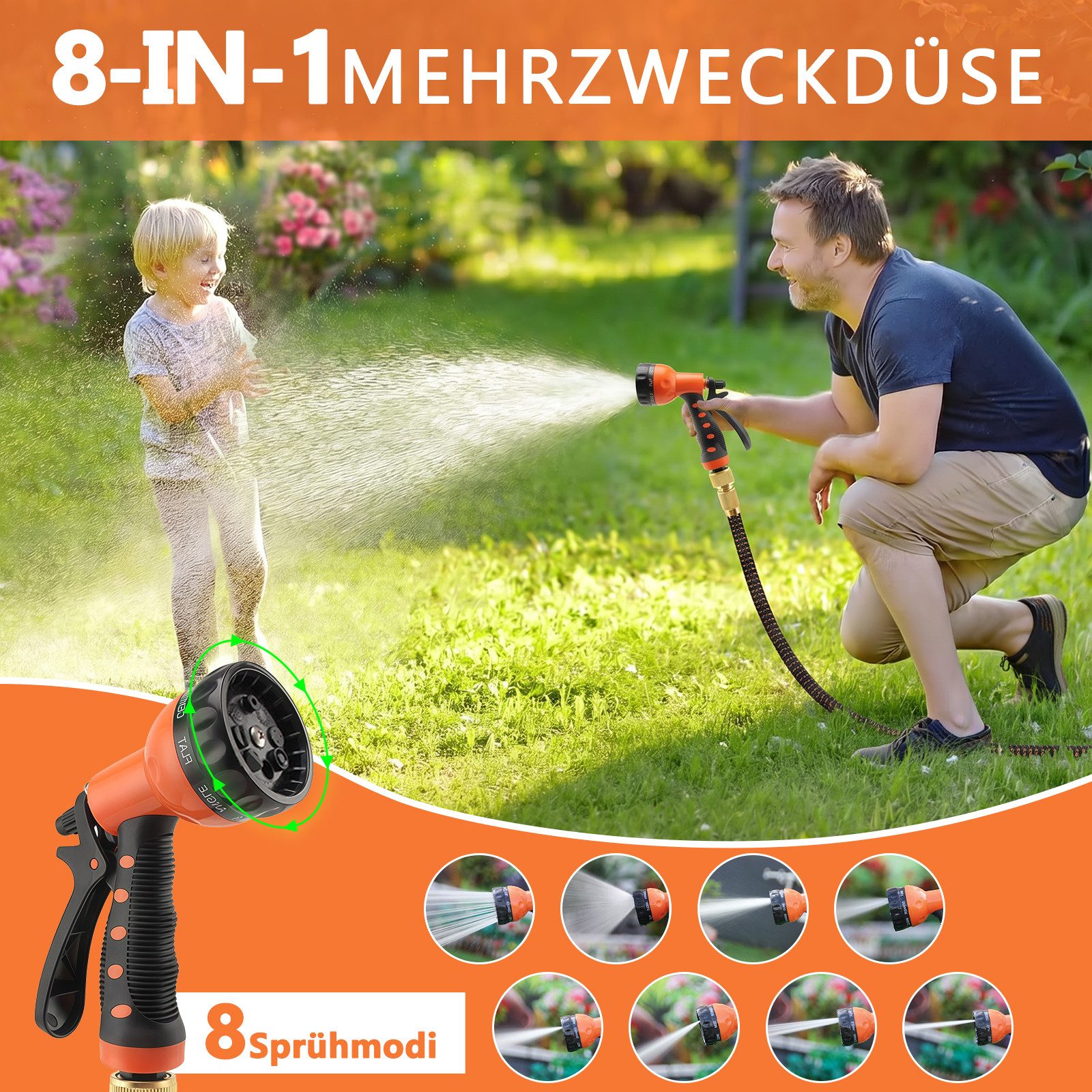 PFCTART Gartenschlauch Flexibler Gartenschlauch mit Sprühdüse, ausziehbar bis 22,5 m, Robuste 4-Lagen-Konstruktion, 8-fach Sprühdüse, Knickfrei & auslaufsicher, – Bild 2 von 5