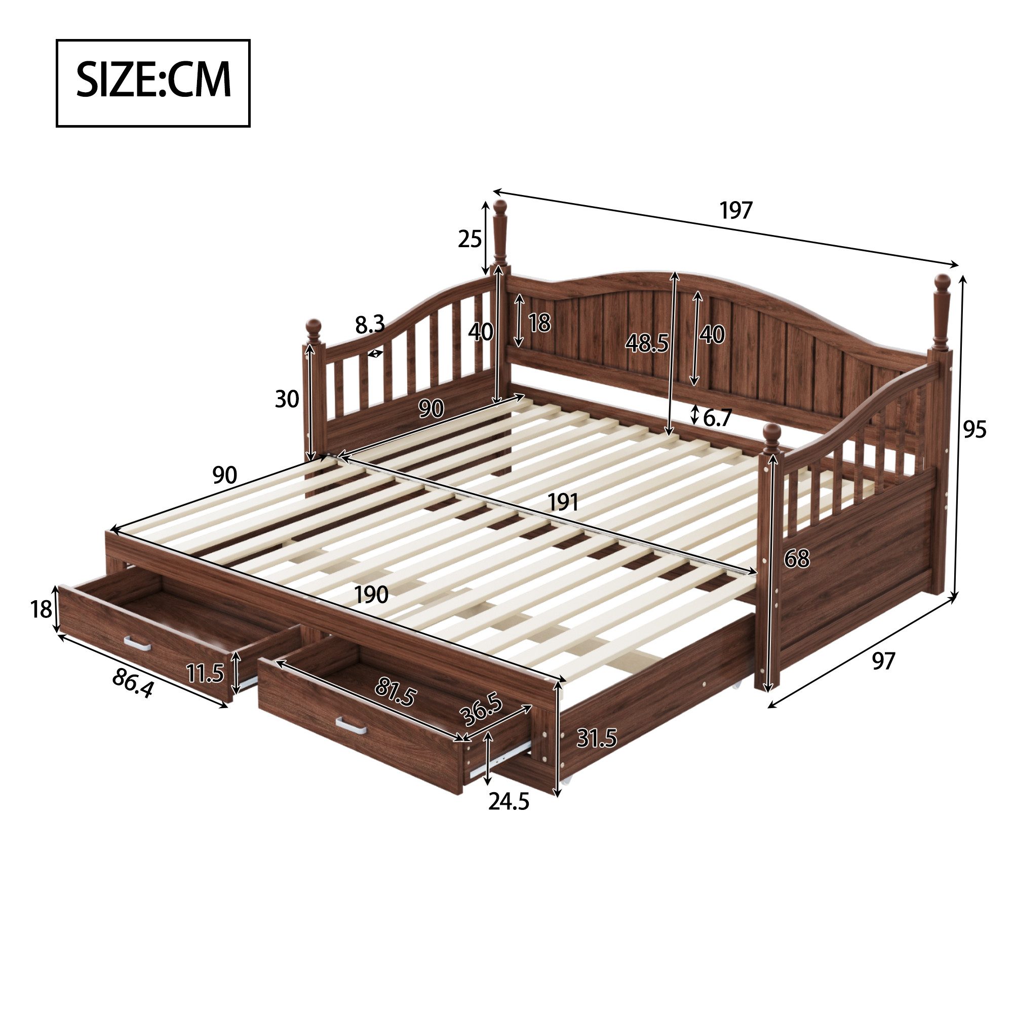 Flieks Daybett, Holzbett Kinderbett mit Ausziehbett 90/180x190cm 2 Schublad günstig online kaufen