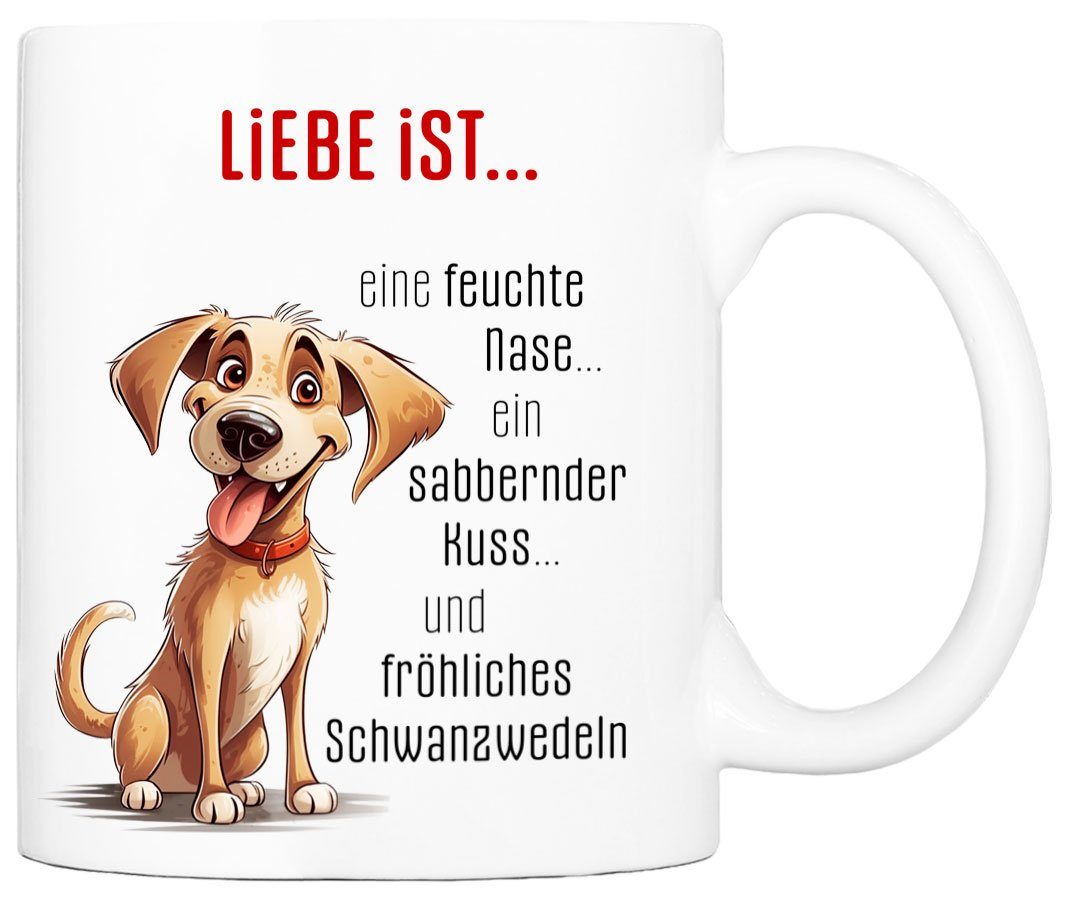 Cadouri Tasse LIEBE IST... Kaffeetasse mit Spruch - für Hundefreunde, Keramik, mit Hundespruch, beidseitig bedruckt, handgefertigt, Geschenk, 330 ml