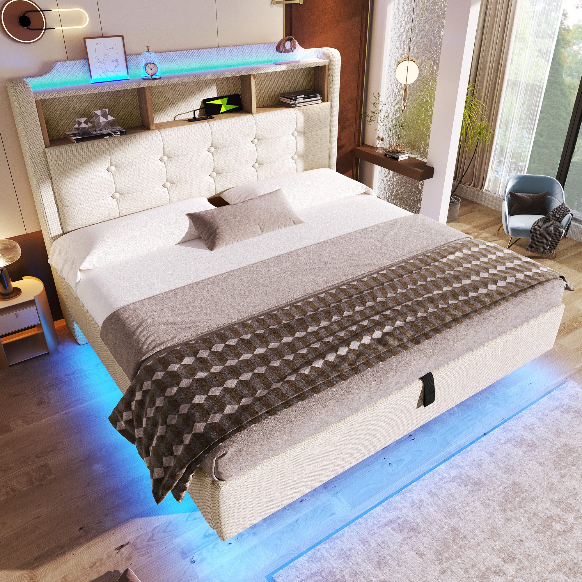 Merax Polsterbett 140×200cm mit LED-Lichtleiste und USB- & Typ-C-Anschlüssen (mti hochwertigem Leinenbezug, 1-tlg., Jugendbett Stauraumbett Mehrzweckbett mit schwebendem Design), Doppelbett mit hydraulischem Stauraum & klappbarem Kopfteilfach,Leinen