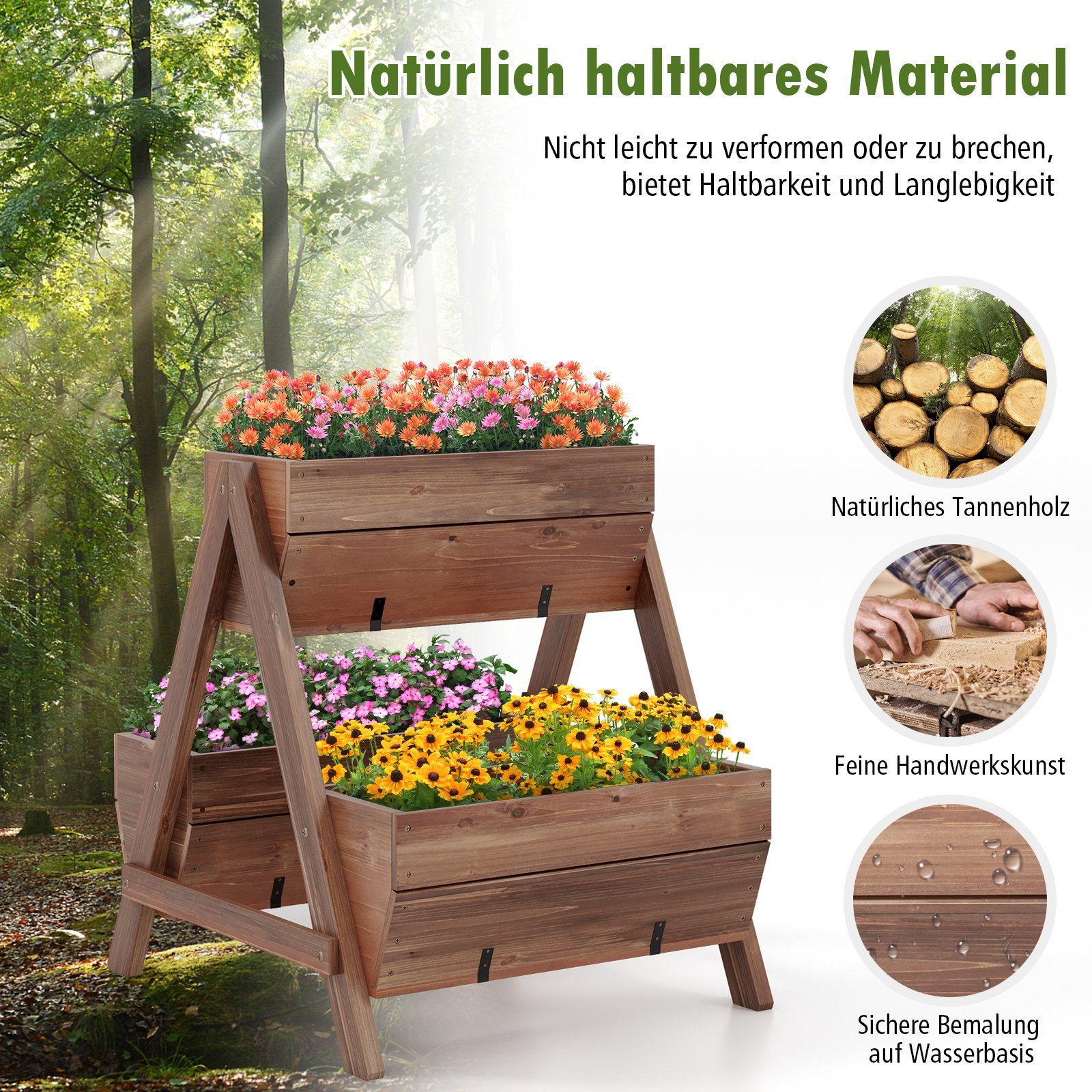 COSTWAY Hochbeet (1 St), 2 Etagen, mit 3 Pflanzkästen, 66x73x73 cm